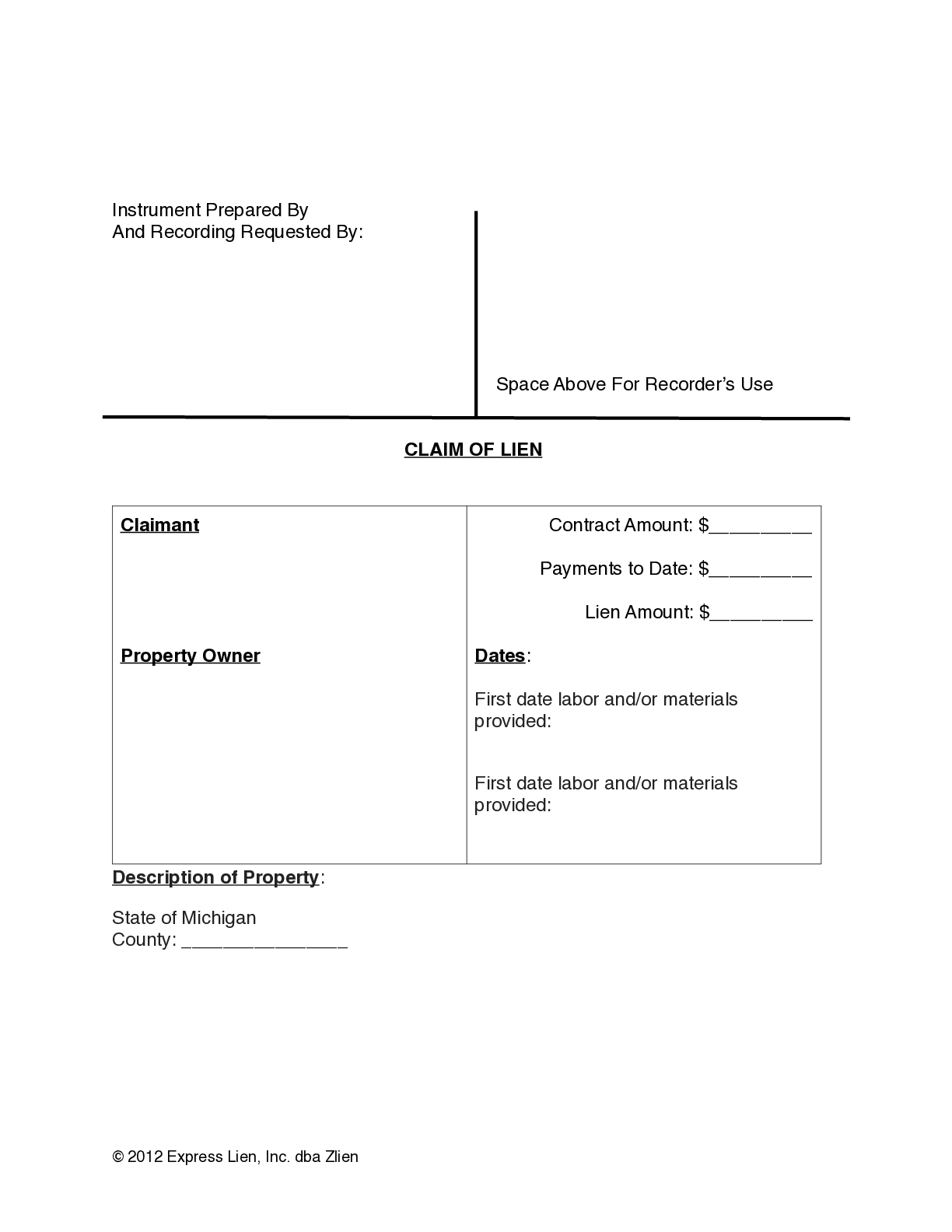 Michigan Mechanics Lien Form - free from