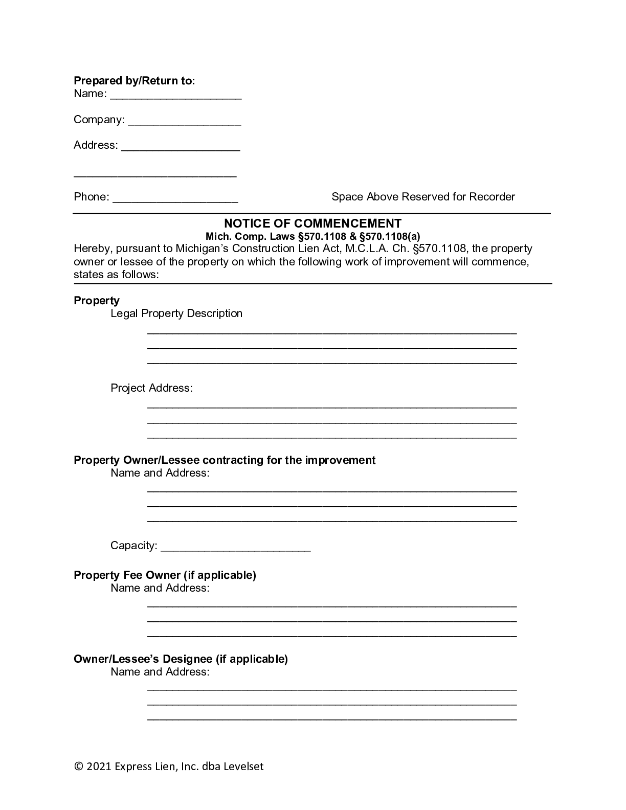 Michigan Notice of Commencement Form - free from