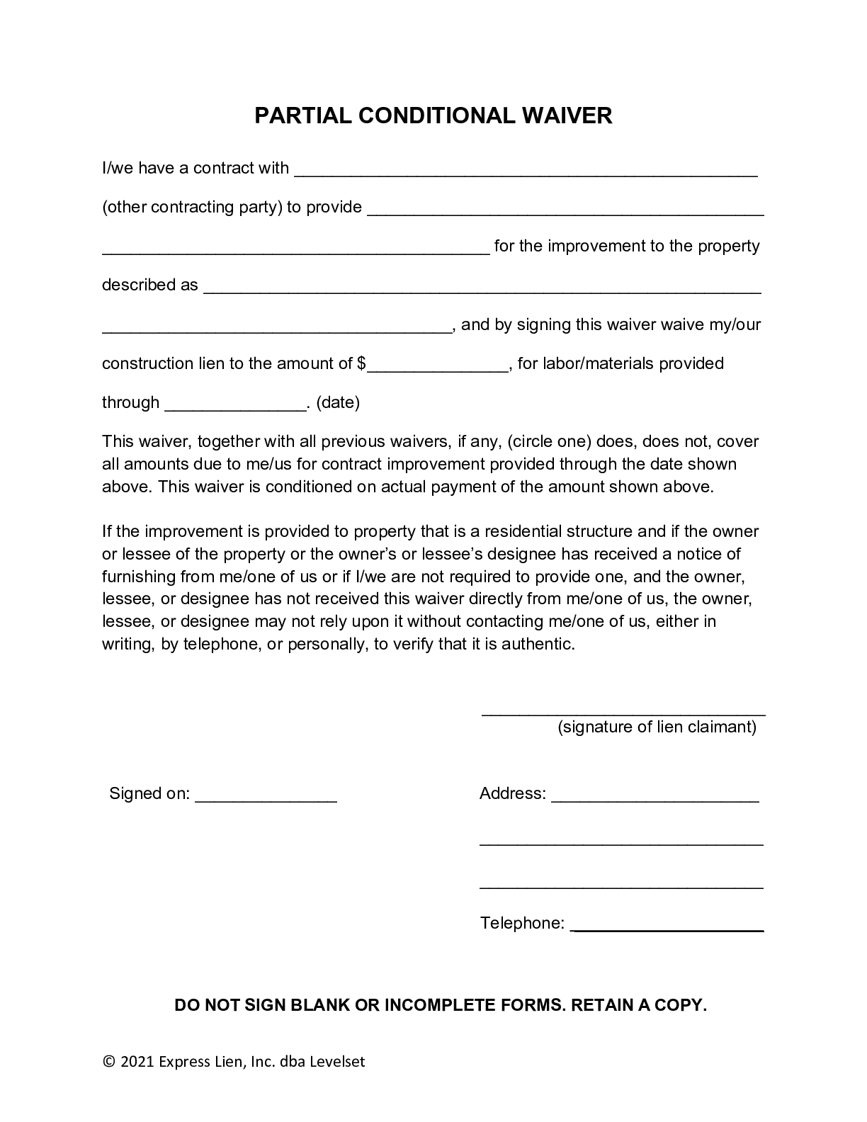 Michigan Partial Conditional Lien Waiver Form - free from