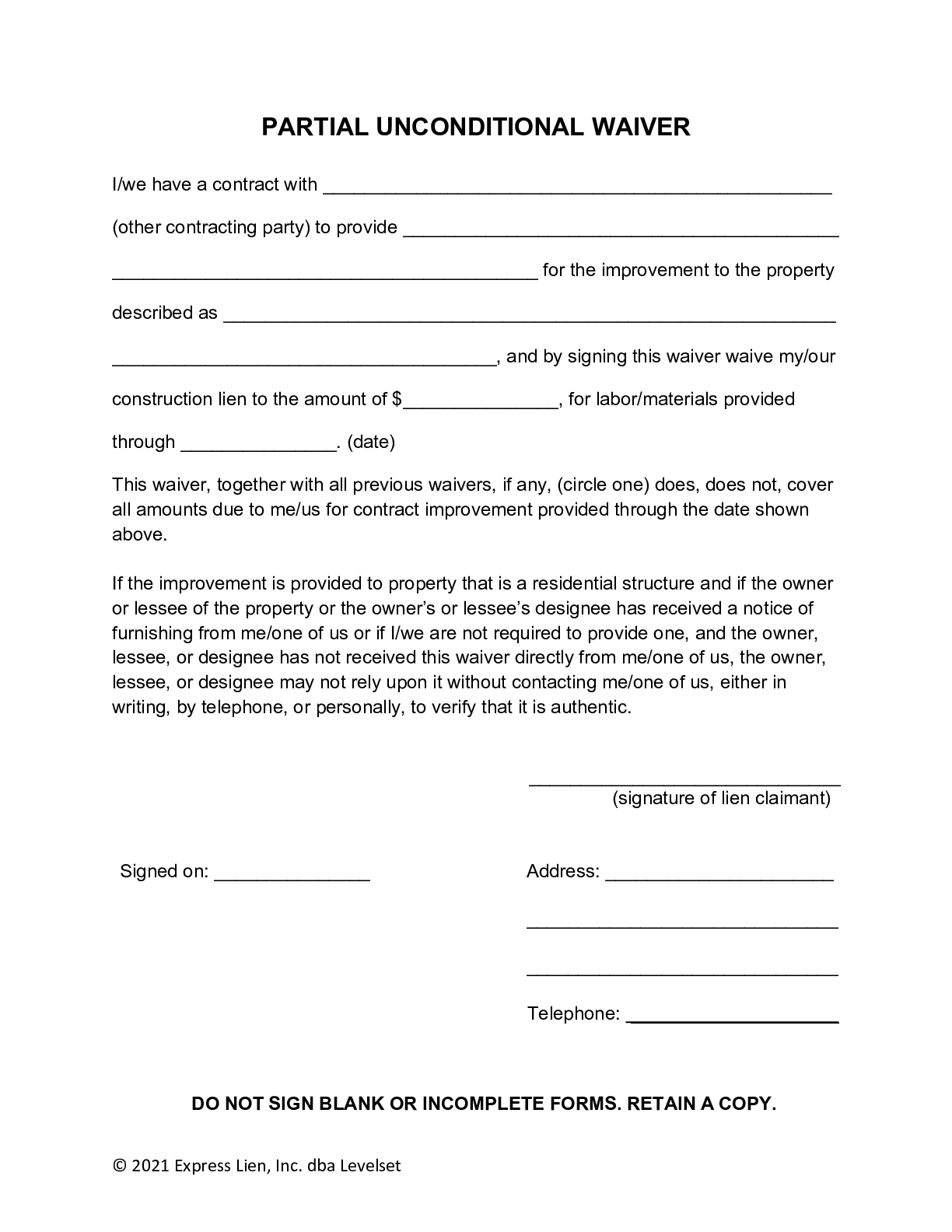 Michigan Partial Unconditional Lien Waiver Form - free from