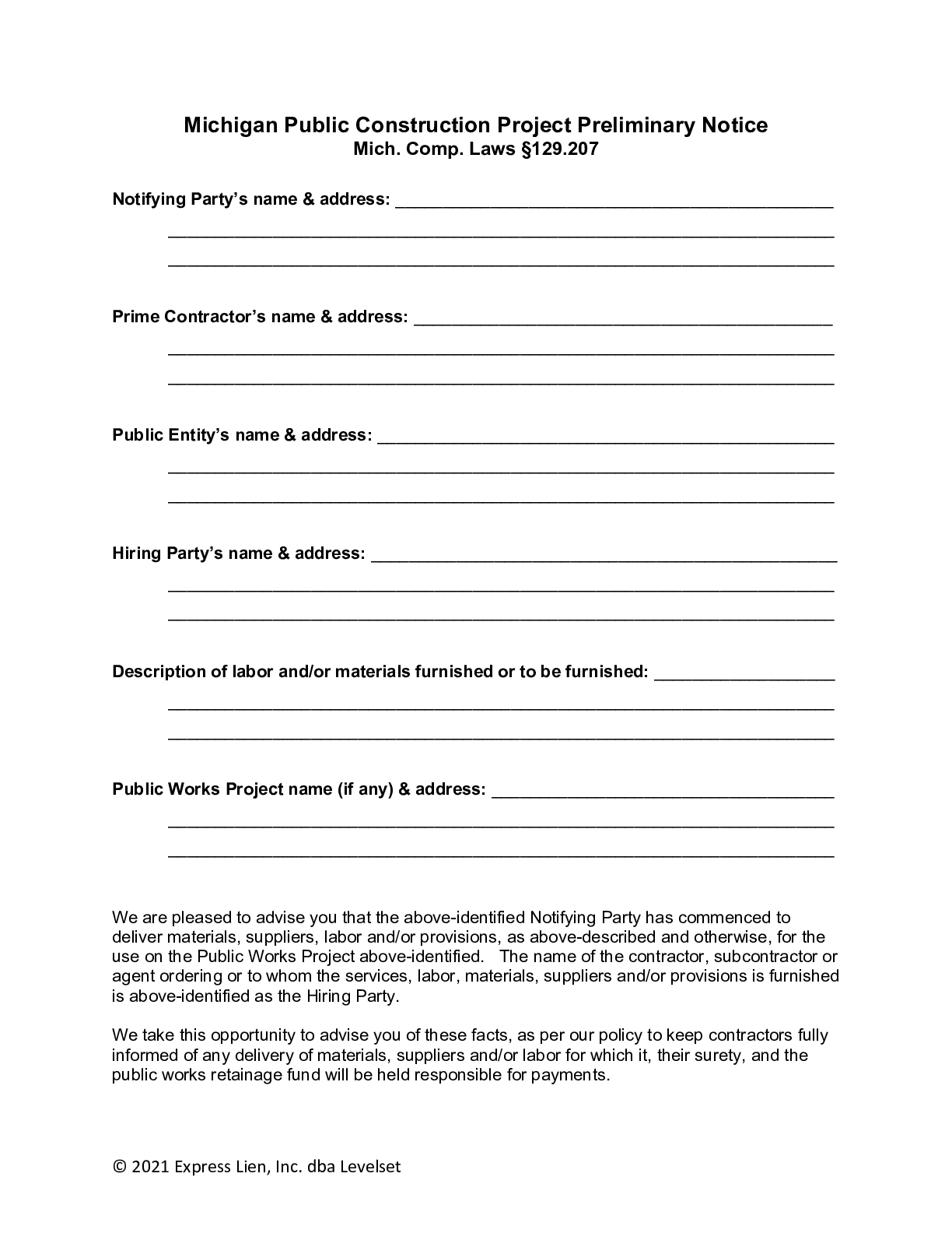 Michigan Preliminary Notice (Public Projects) Form