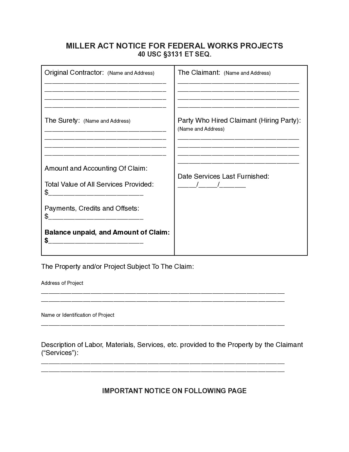 Miller Act Claim Form - free from