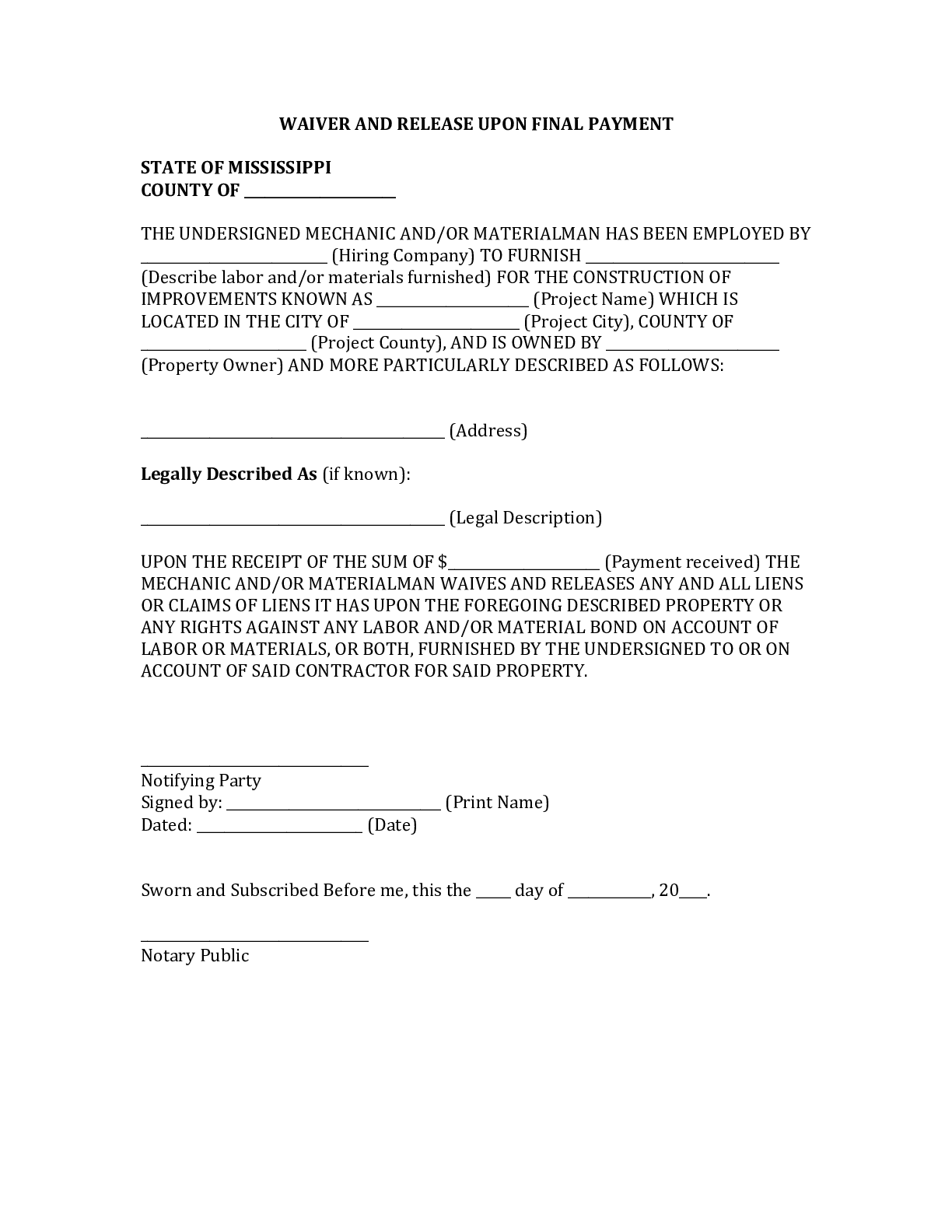 Mississippi Final Conditional Lien Waiver Form - free from