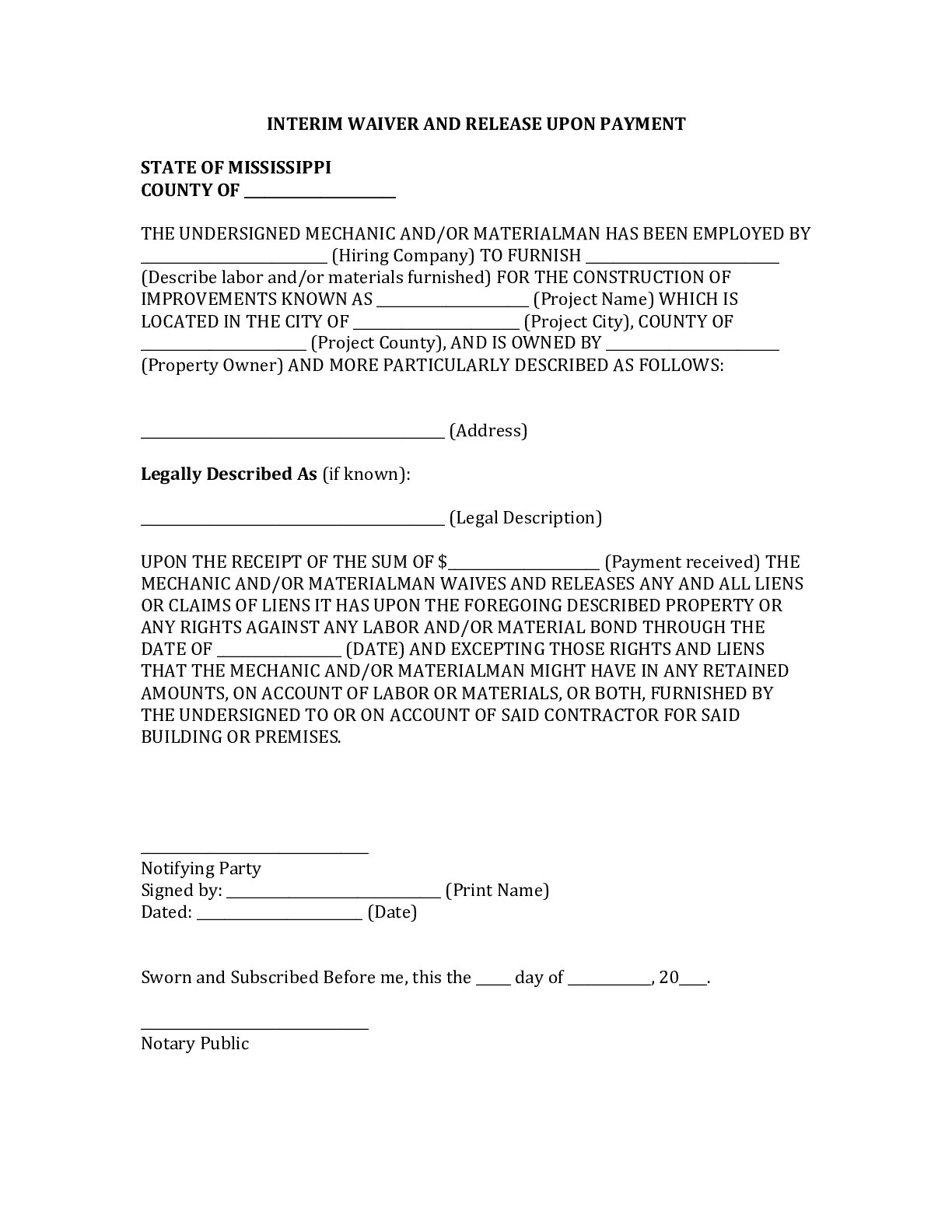Mississippi Interim Lien Waiver Form - free from