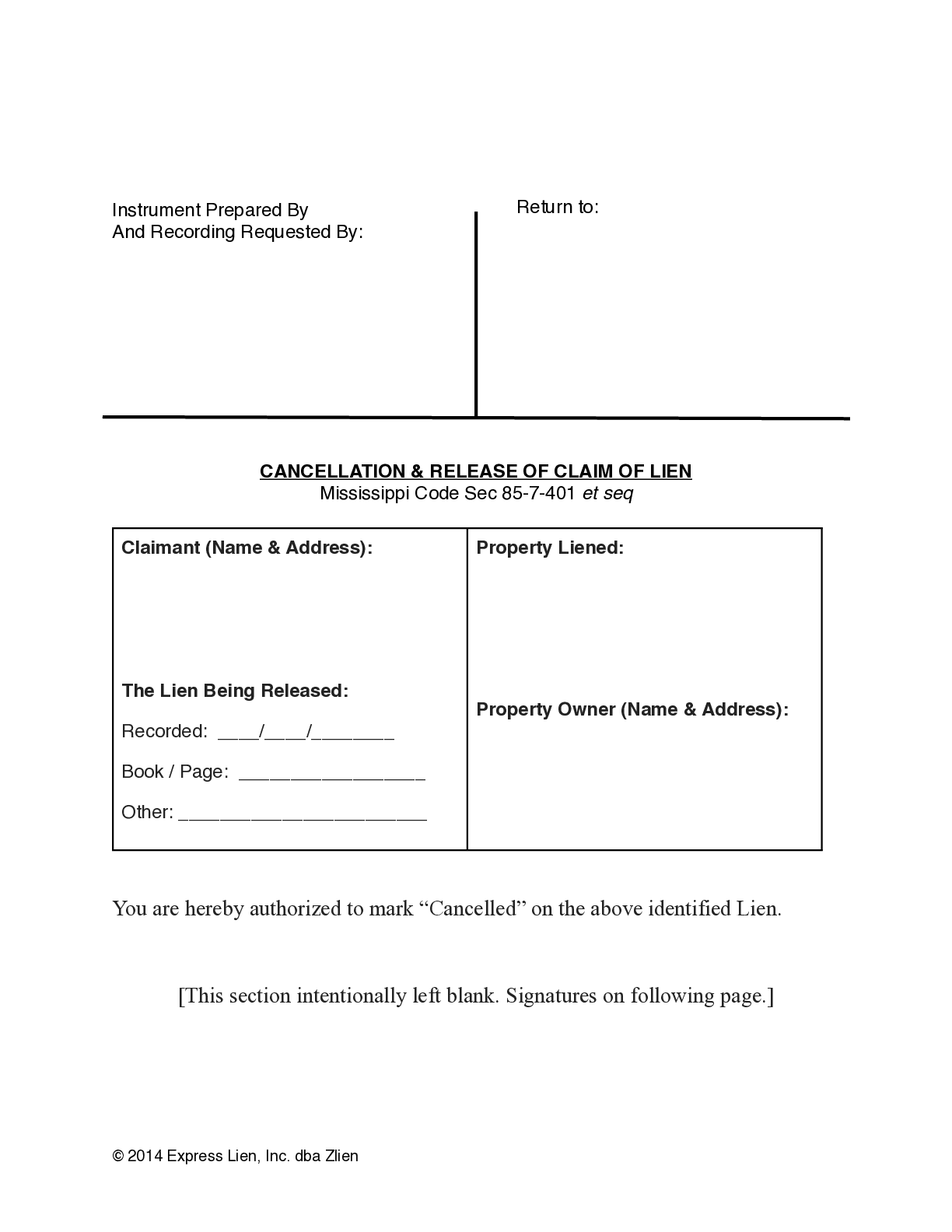 Mississippi Mechanics Lien Release Form - free from