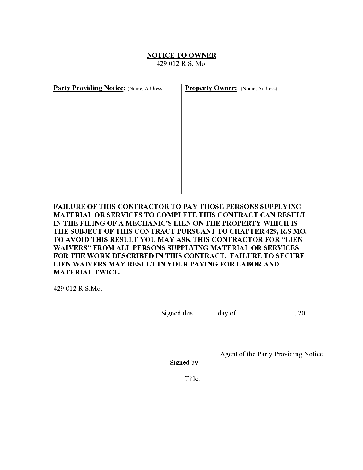 Missouri Notice to Owner Form