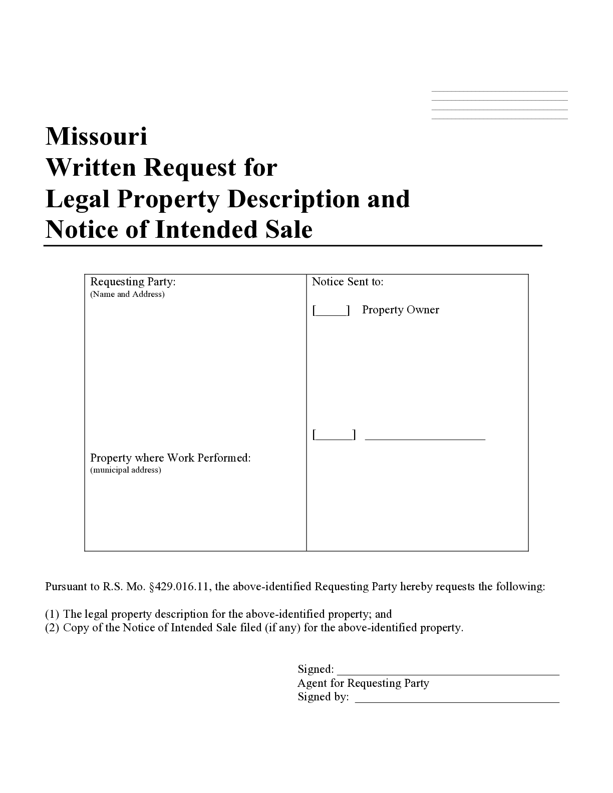 Missouri Request for Legal Property Description Form - free from