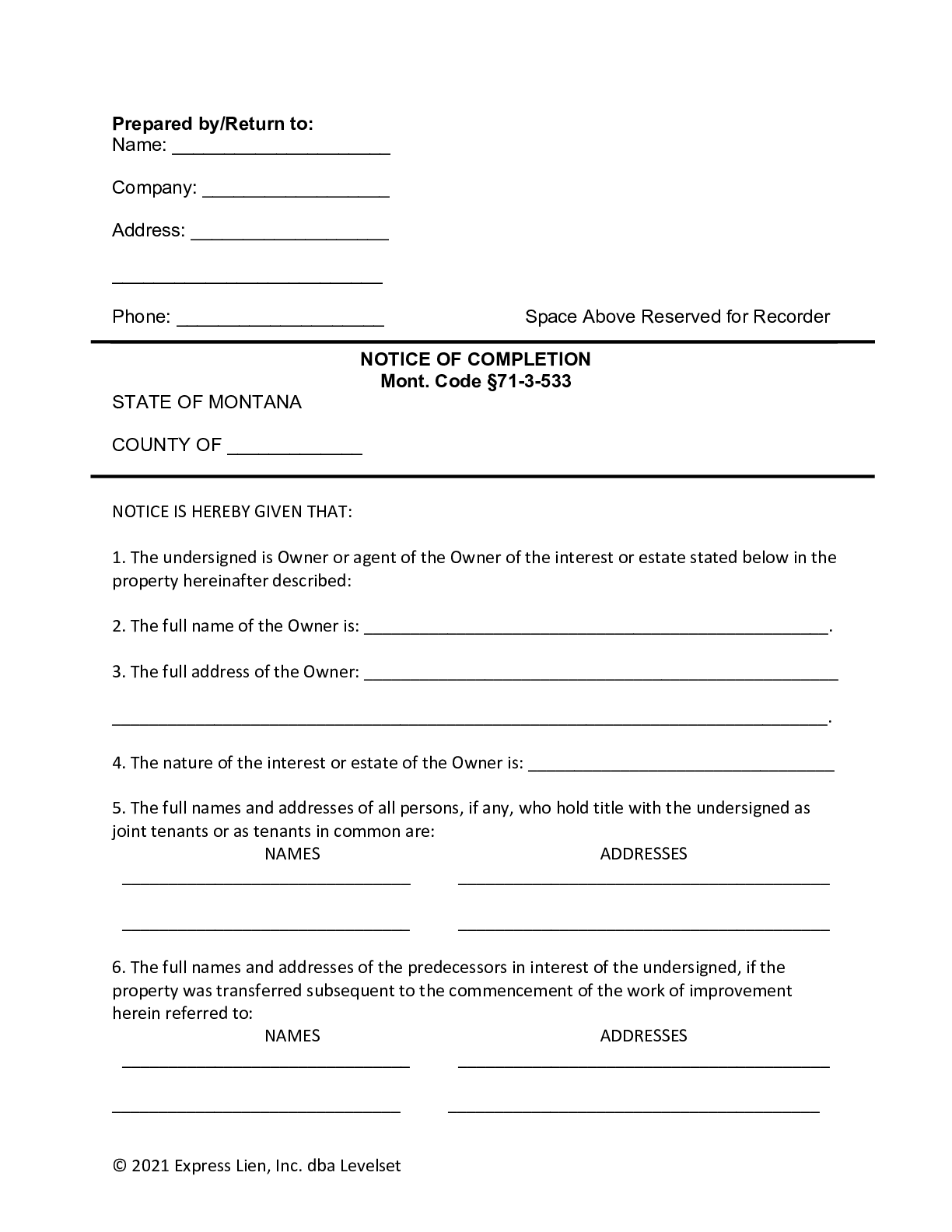 Montana Notice of Completion Form - free from