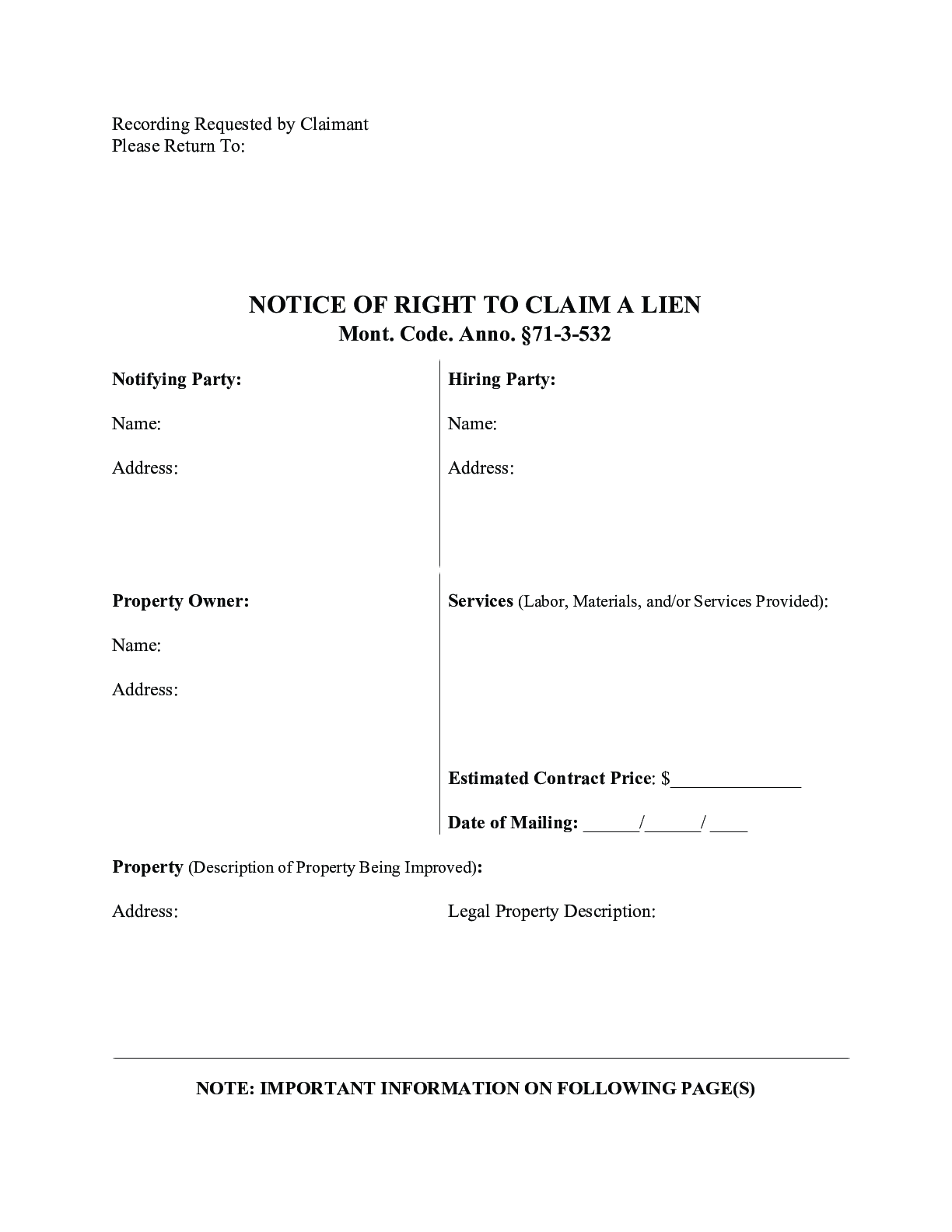 Montana Notice of Right to Claim Lien – Form Download - free from
