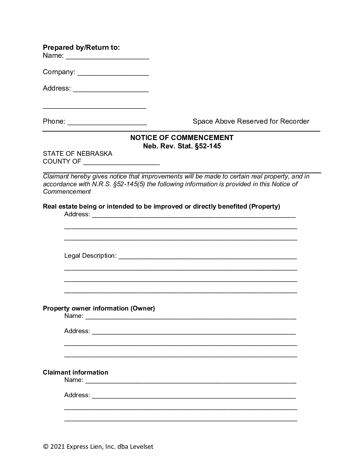 Nebraska Notice of Commencement Form - free from