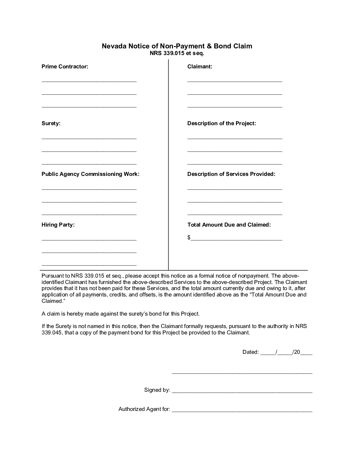 Nevada Bond Claim Form | Free Download