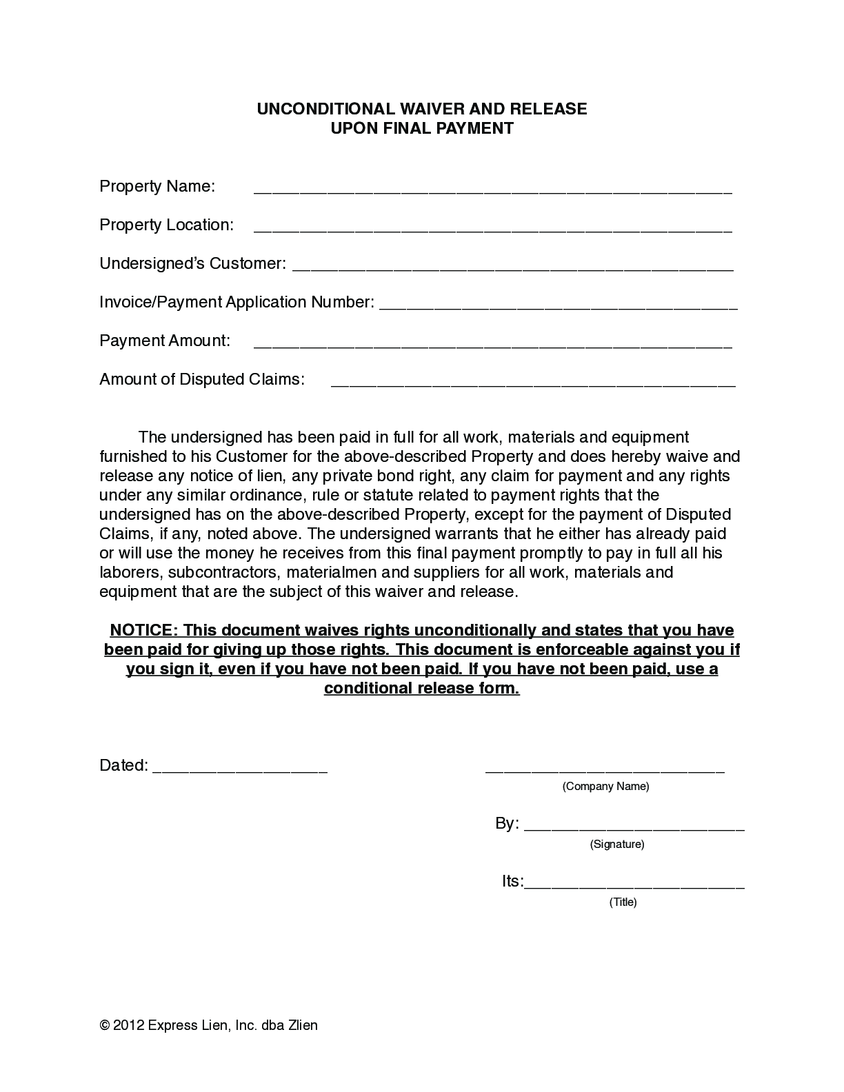 Nevada Final Unconditional Lien Waiver Form - free from
