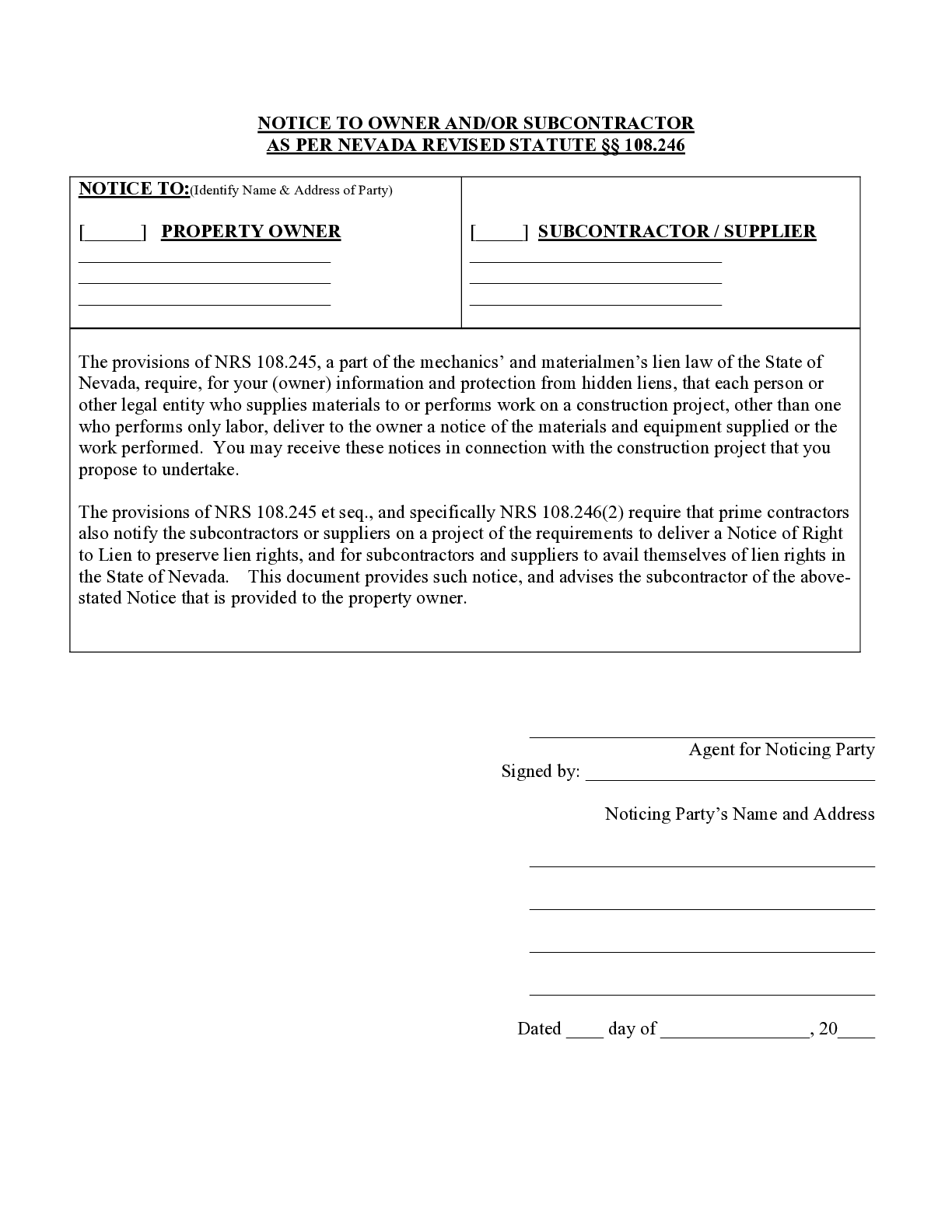 Nevada GC’s Notice to Owner/Subcontractors Form - free from