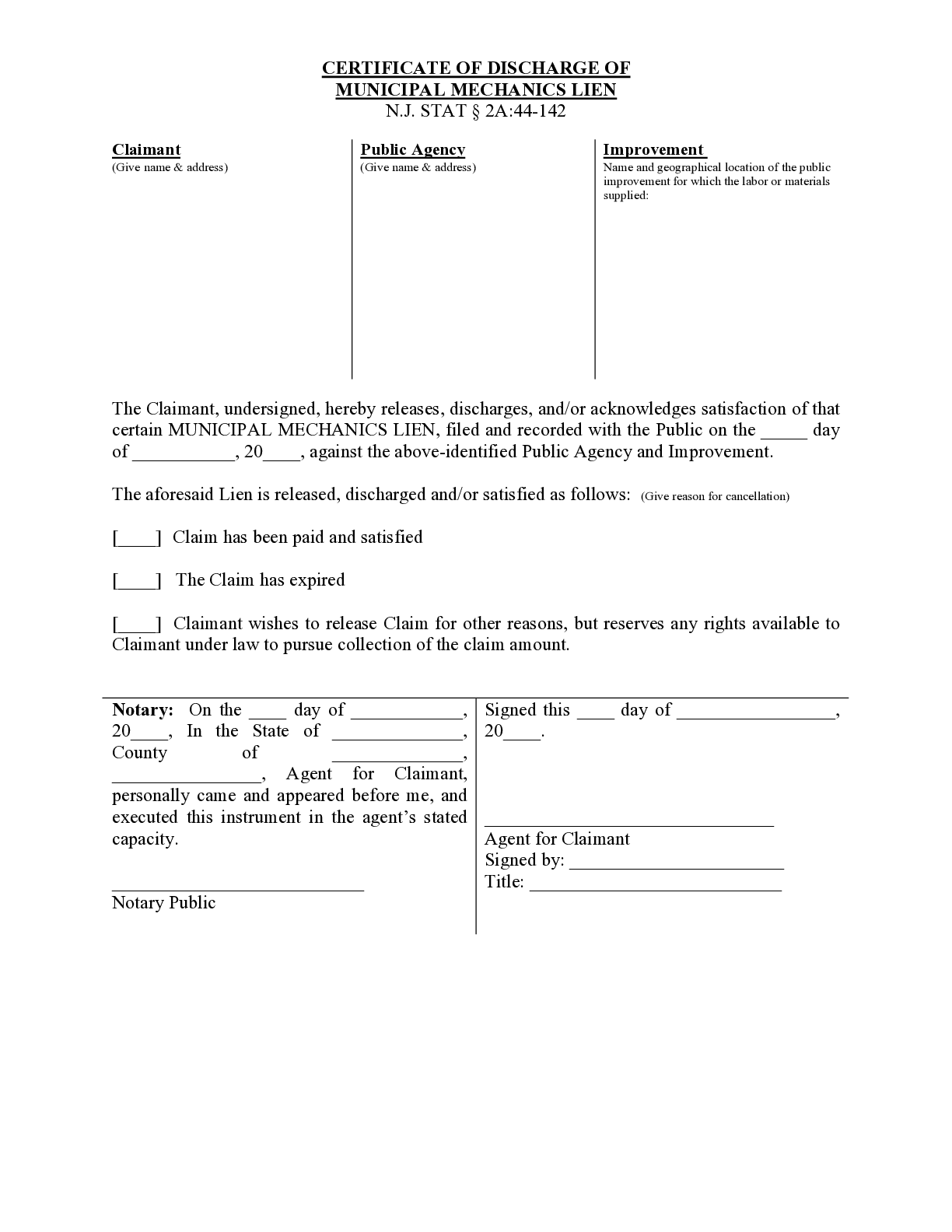 New Jersey Discharge of Public Lien Form - free from