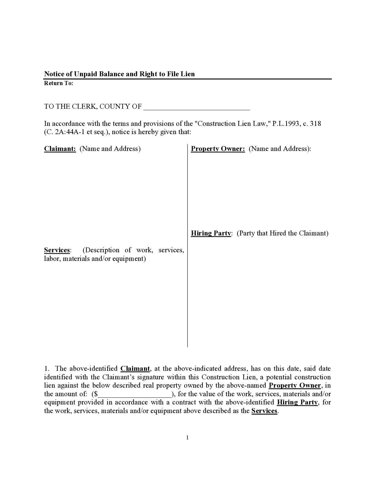 New Jersey Notice of Unpaid Balance and Right to File Lien Form