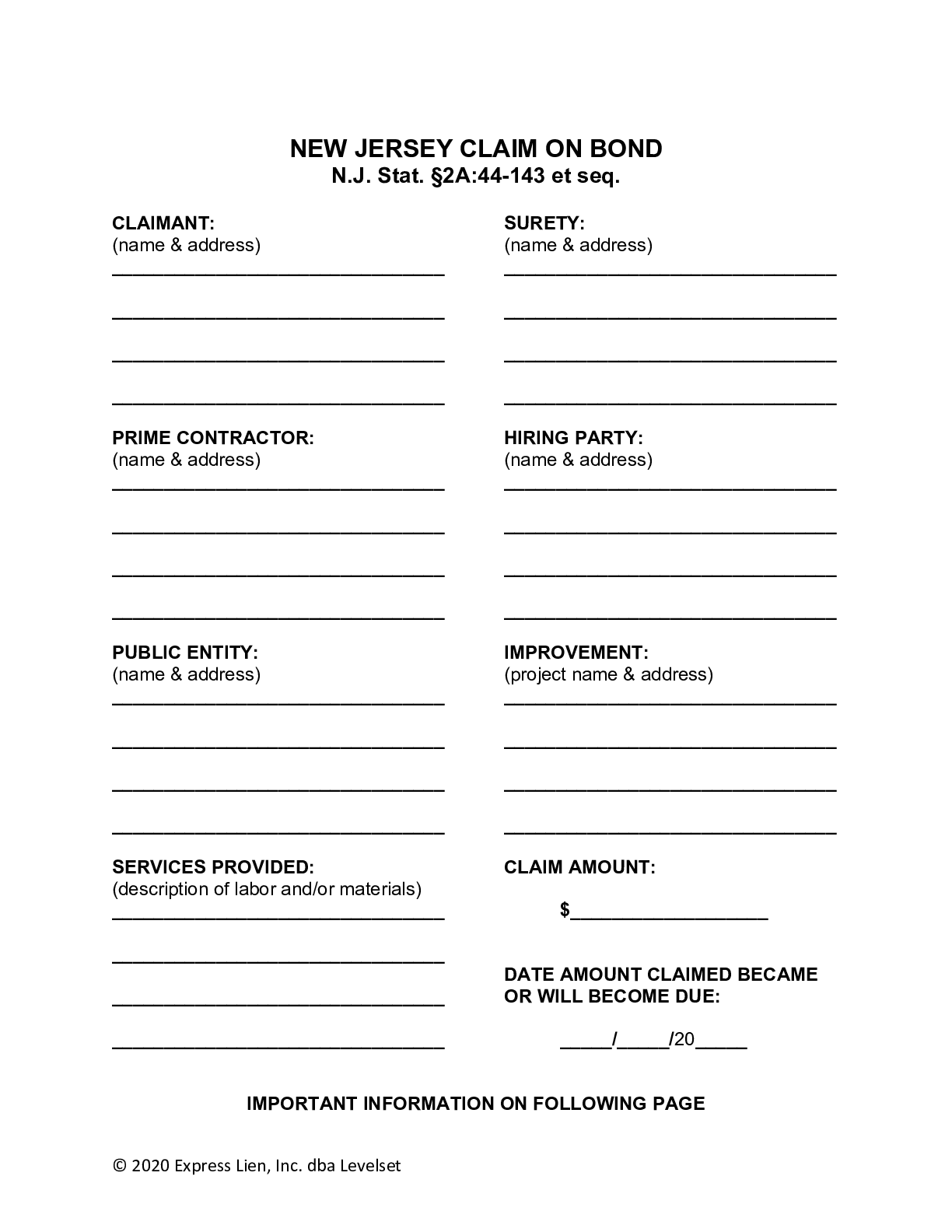 New Jersey Public Bond Claim Form - free from