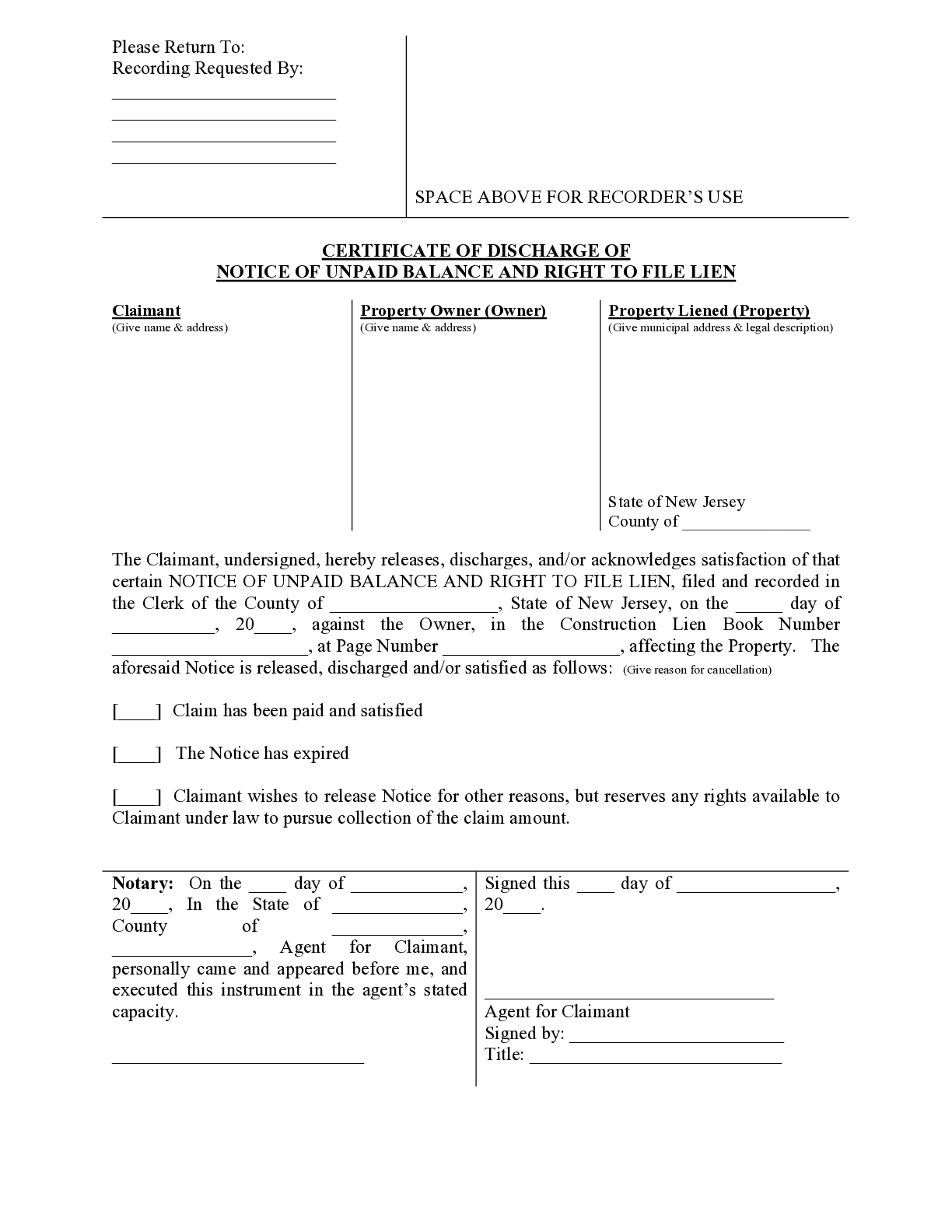 New Jersey Release of Unpaid Balance Notice Form