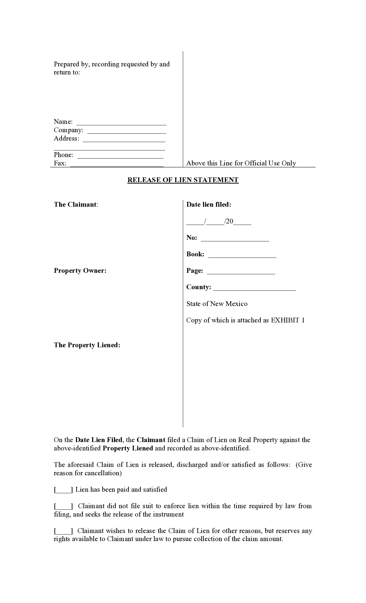 New Mexico Mechanics Lien Release Form - free from