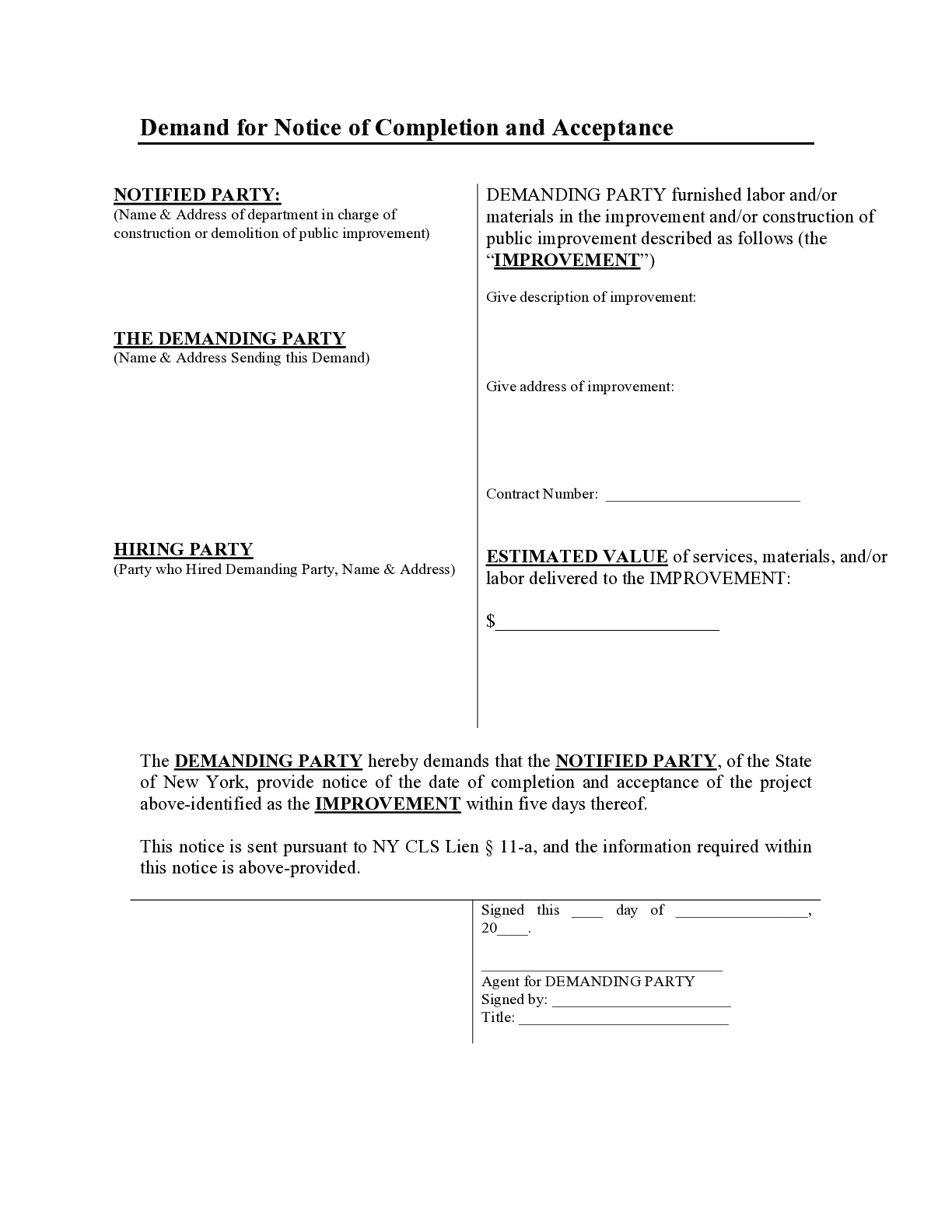 New York Demand for Notice Form
