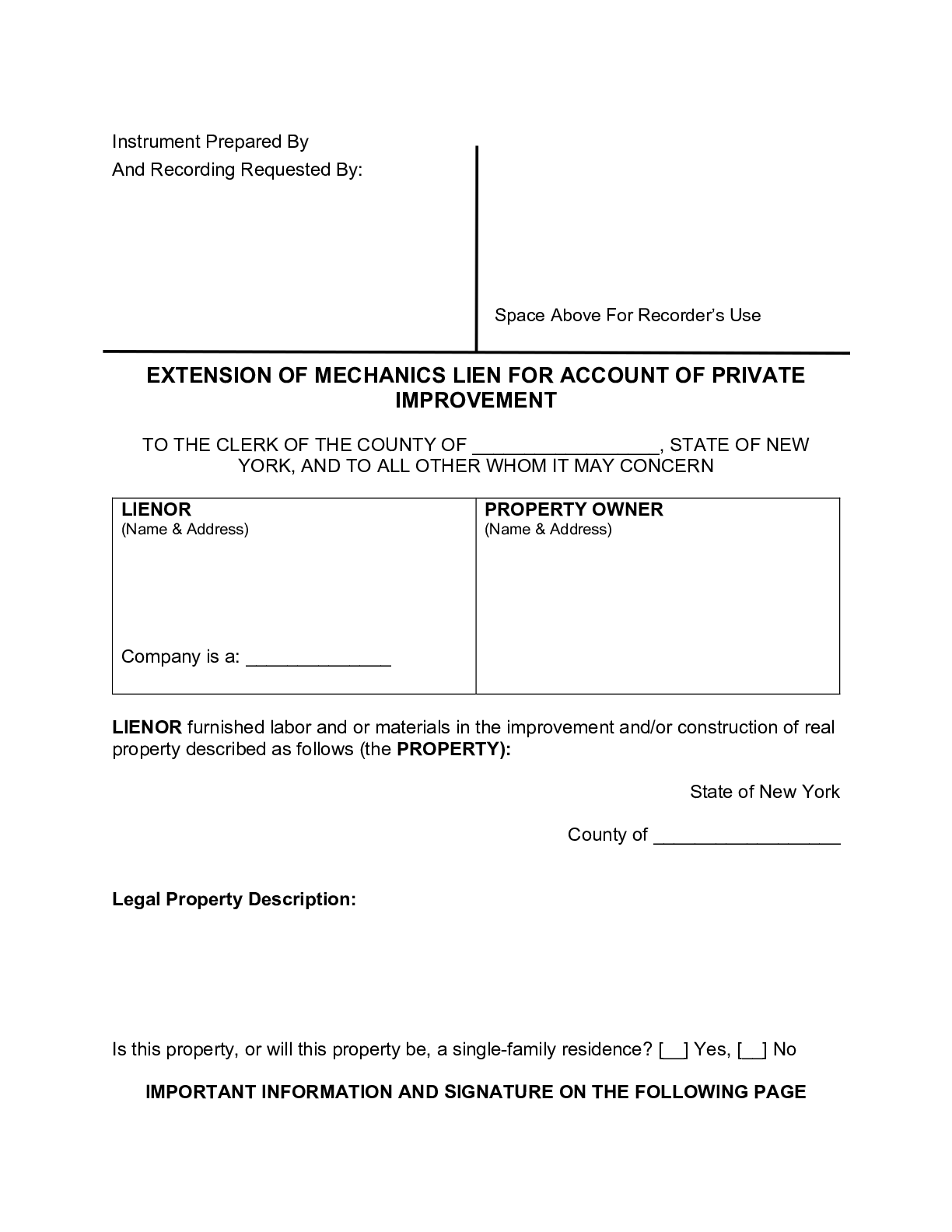 New York Extension for Mechanics Lien Form - free from