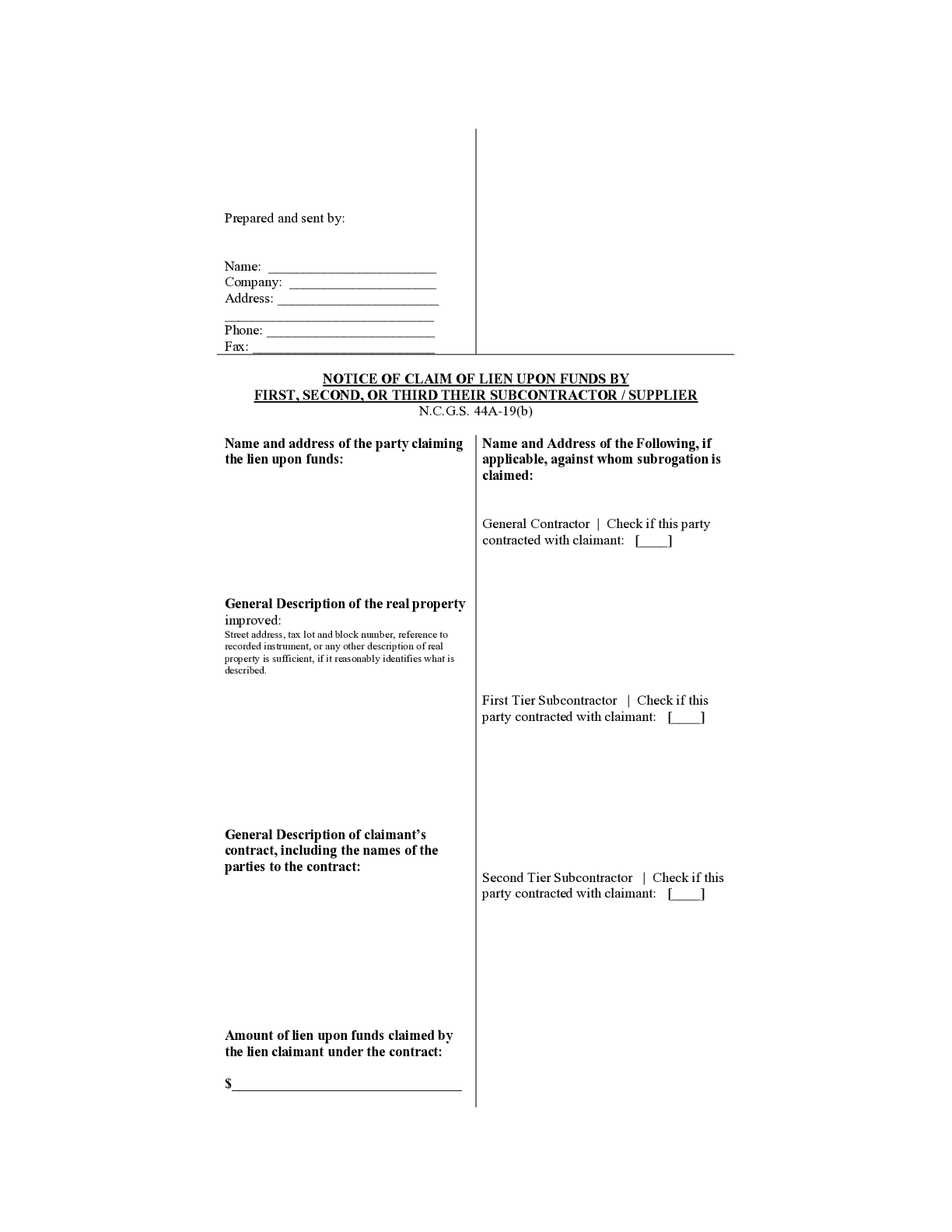 North Carolina Mechanics Lien Upon Funds Form