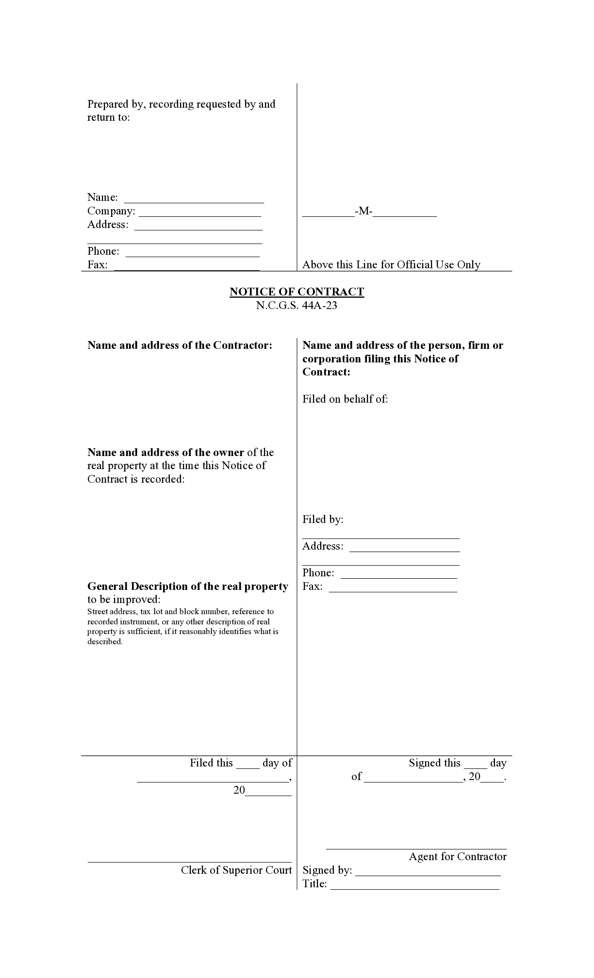 North Carolina Notice of Contract Form - free from
