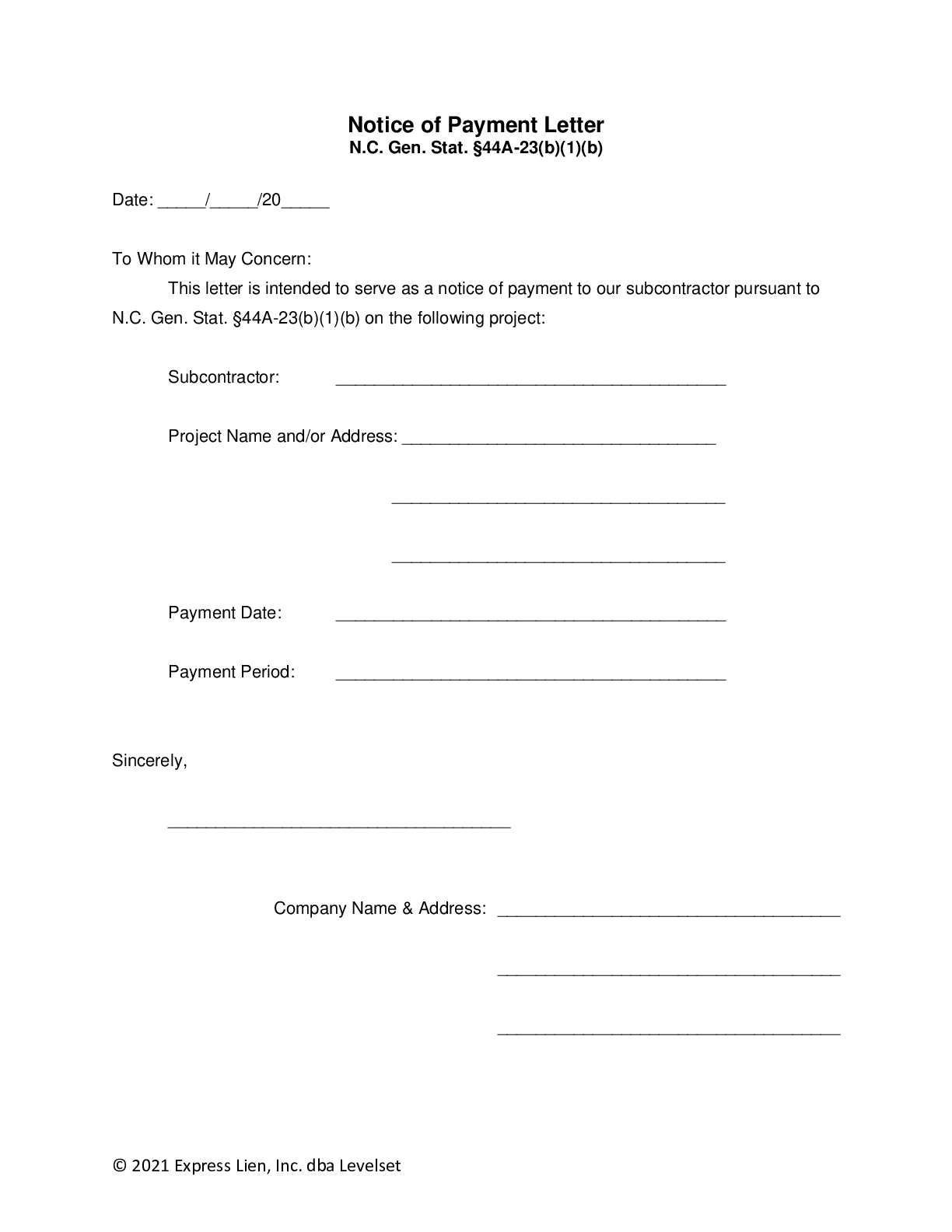 North Carolina Notice of Payment Letter form - free from
