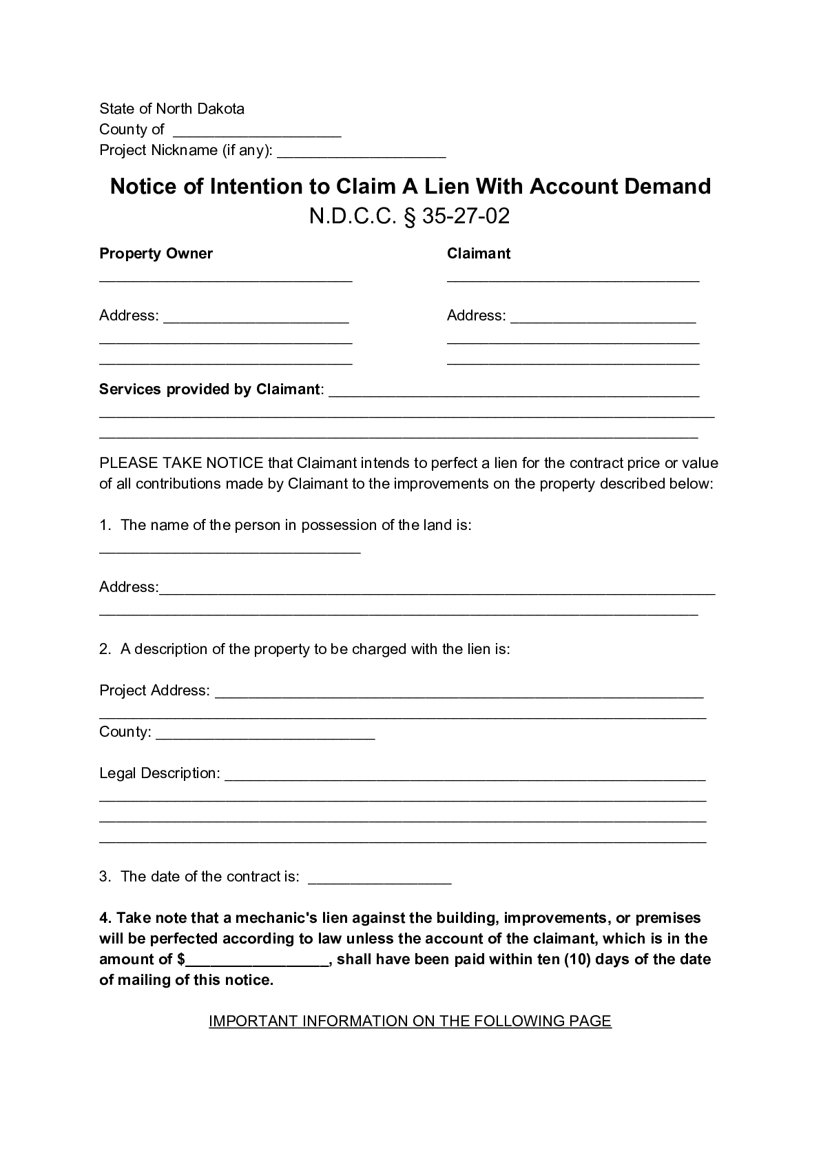 North Dakota Notice of Intent to Lien Form | Free Downloadable Template - free from