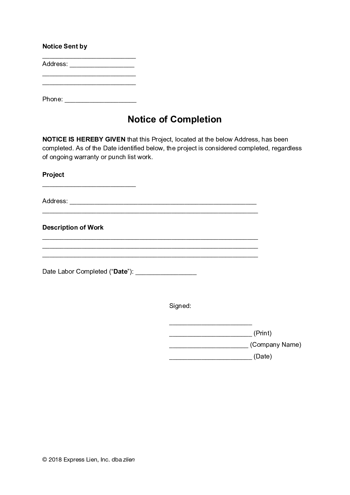 Notice of Completion (General) Form - free from