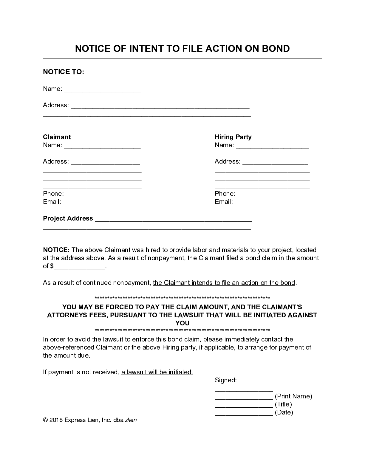 Notice of Intent to File Action on Bond Form