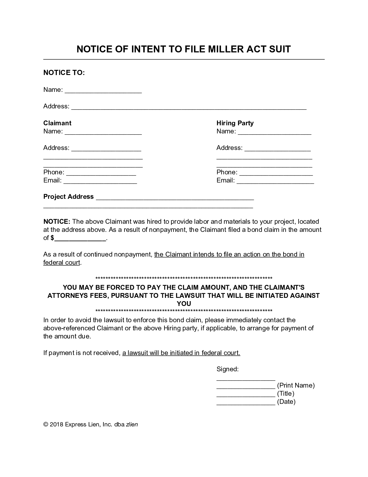 Notice of Intent to File Miller Act Suit Form