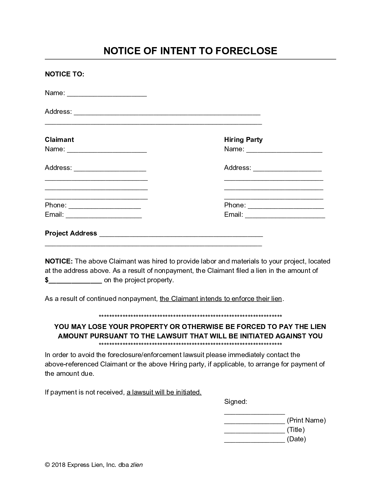 Notice of Intent to Foreclose Form