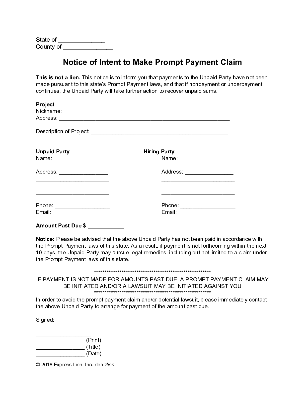 Notice of Intent to Make Prompt Payment Claim Form - free from