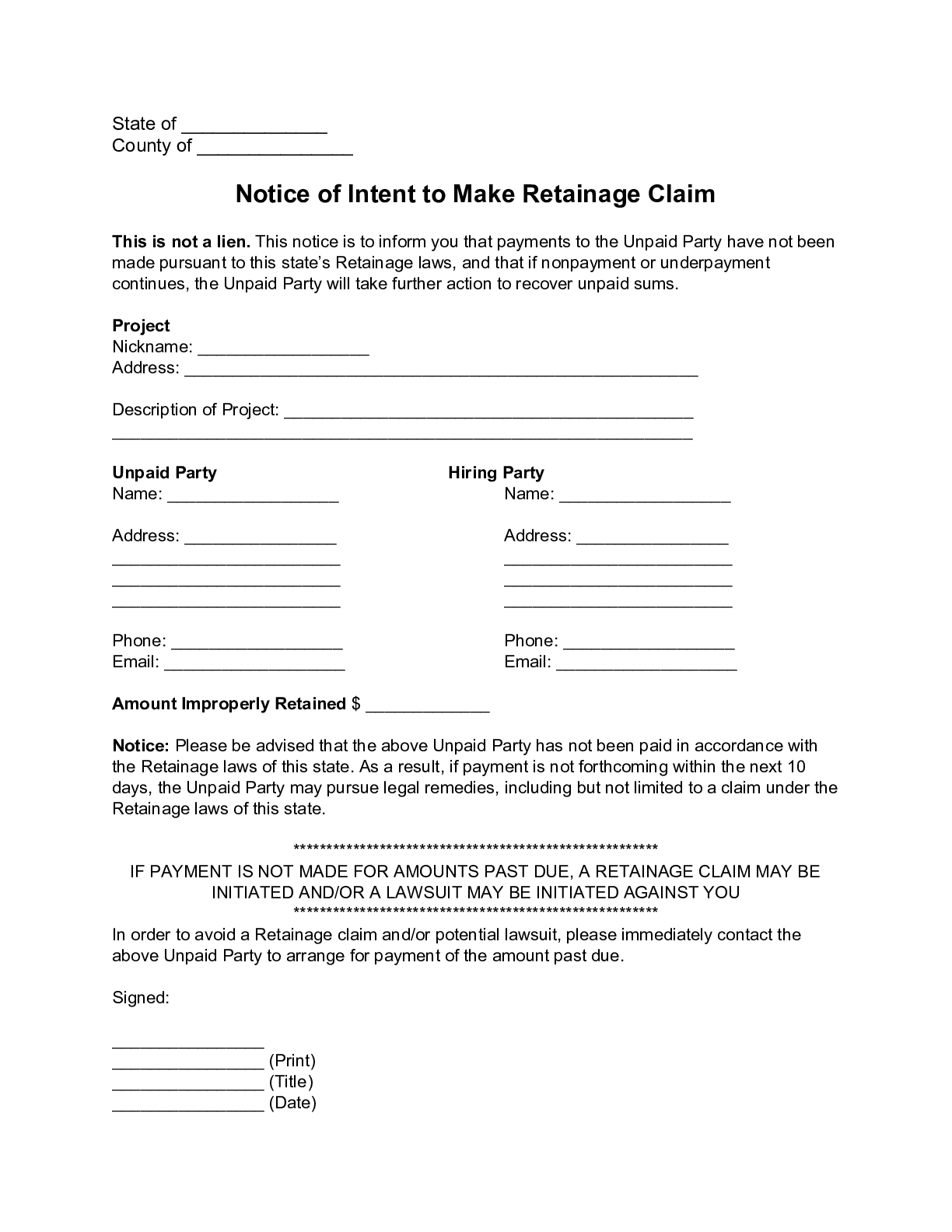 Notice of Intent to Make Retainage Claim Form - free from