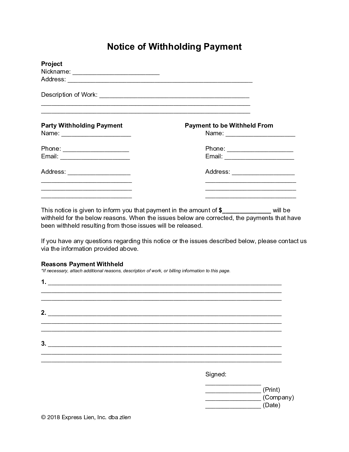 Notice of Withholding Payment Form - free from