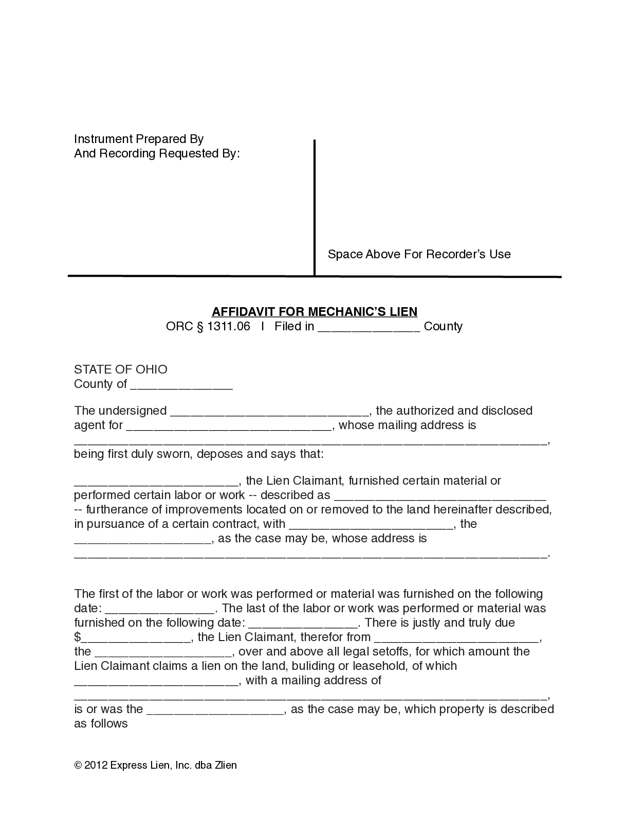 Ohio Mechanics Lien Form - free from