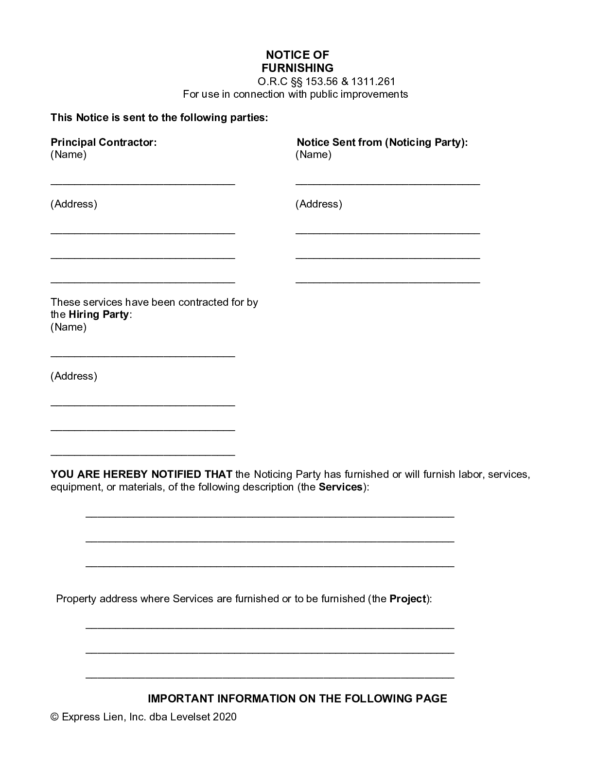 Ohio Notice of Furnishing Form (public projects) - free from
