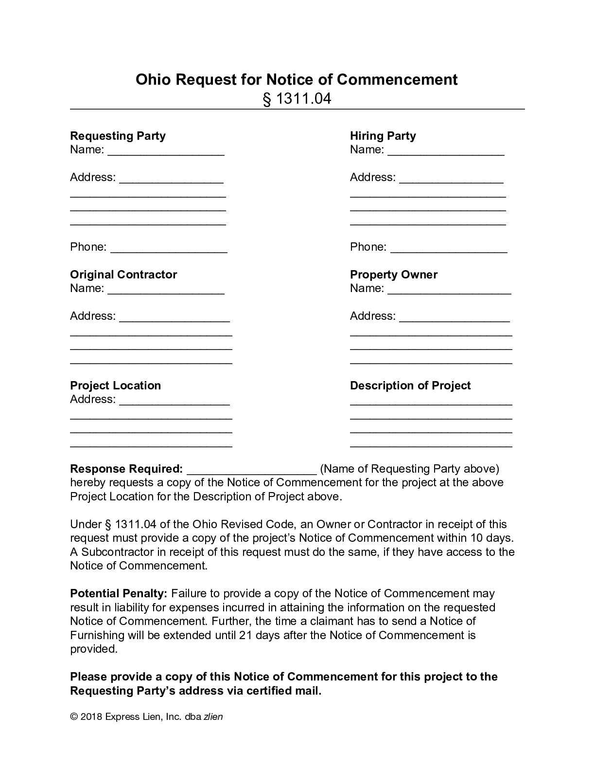 Ohio Request for Notice of Commencement Form - free from