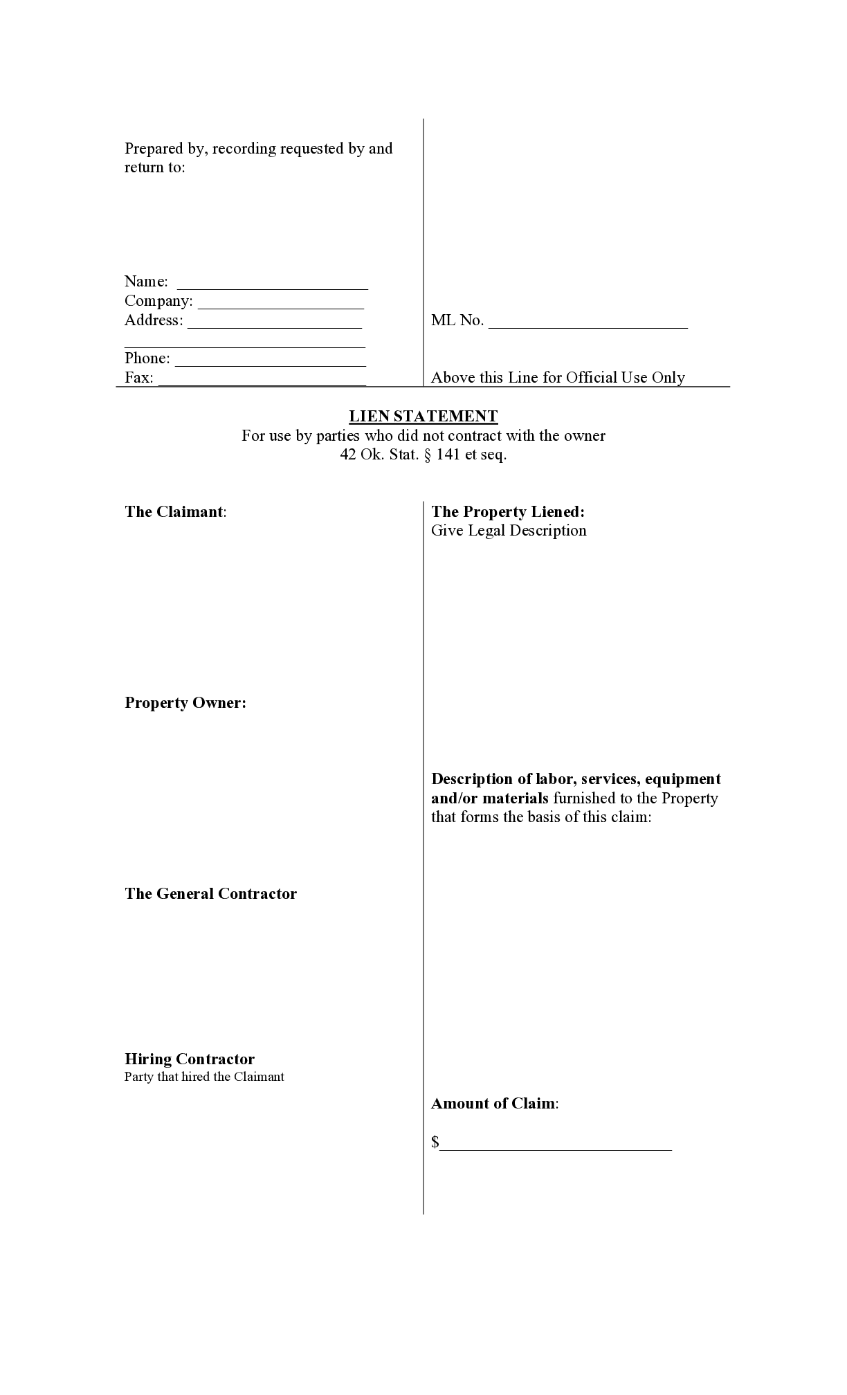 Oklahoma Sub Lien Residential Form - free from