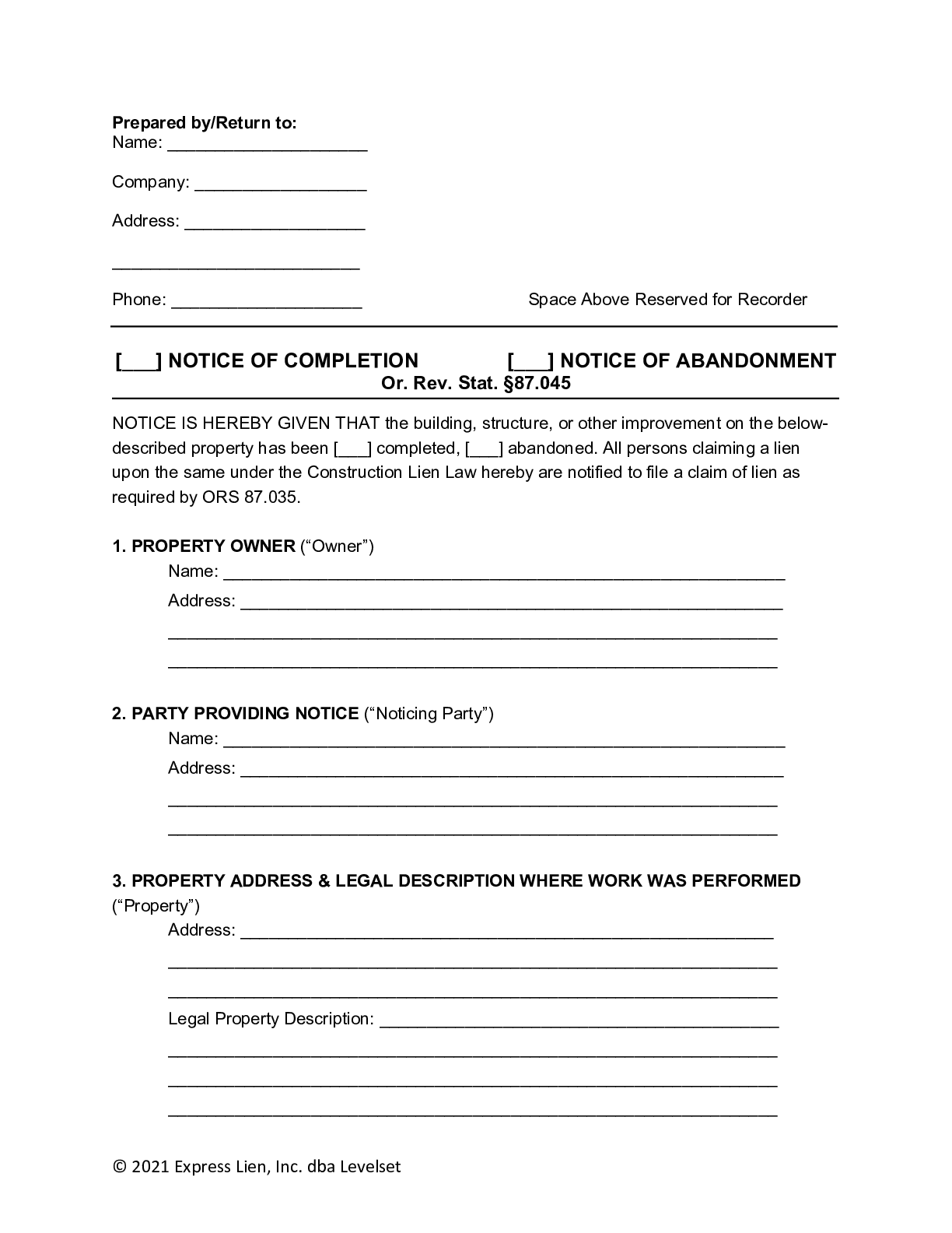 Oregon Notice of Completion Form - free from
