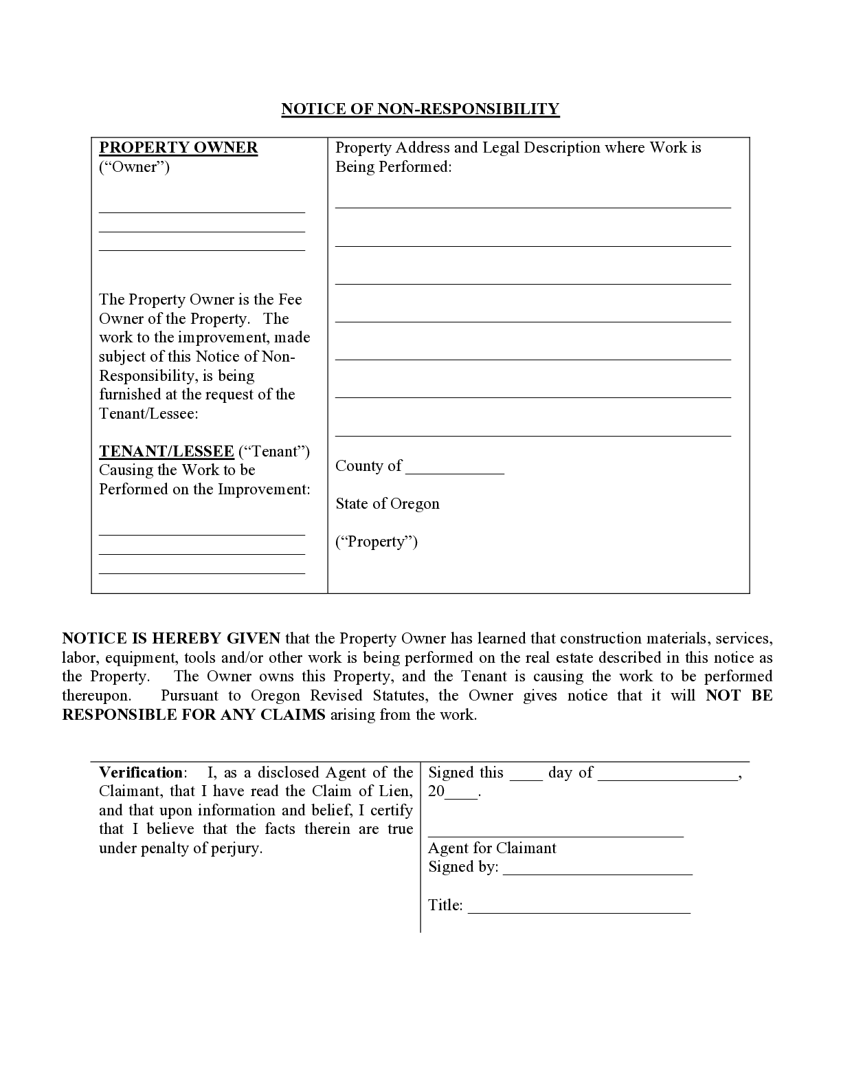 Oregon Notice of Non-Responsibility Form - free from