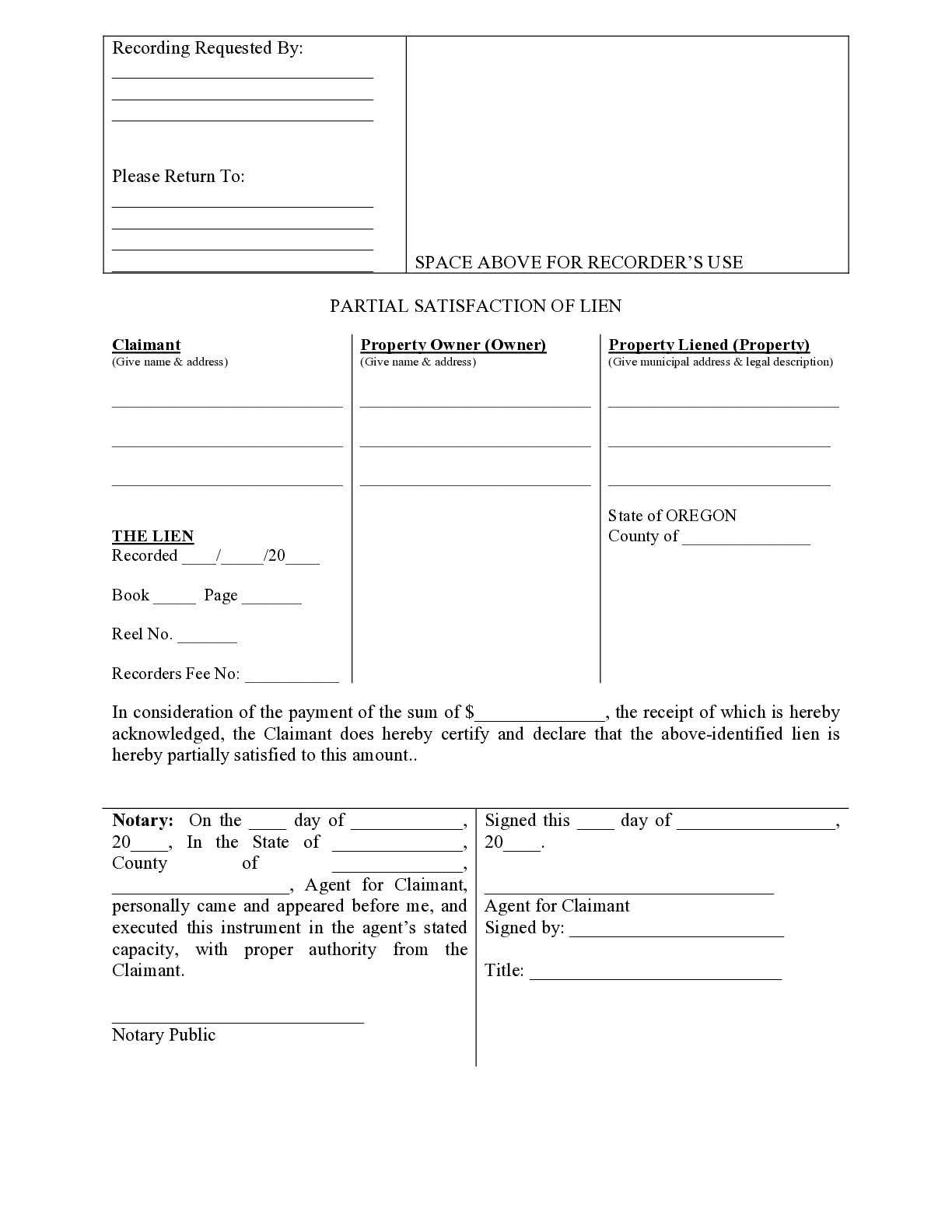 Oregon Partial Lien Satisfaction Form - free from