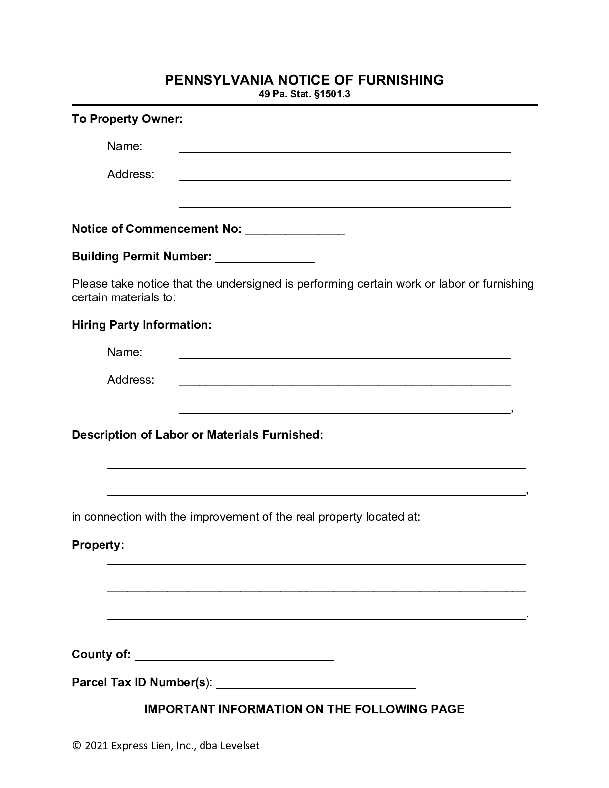 Pennsylvania Notice of Furnishing Form | Free Downloadable Template - free from