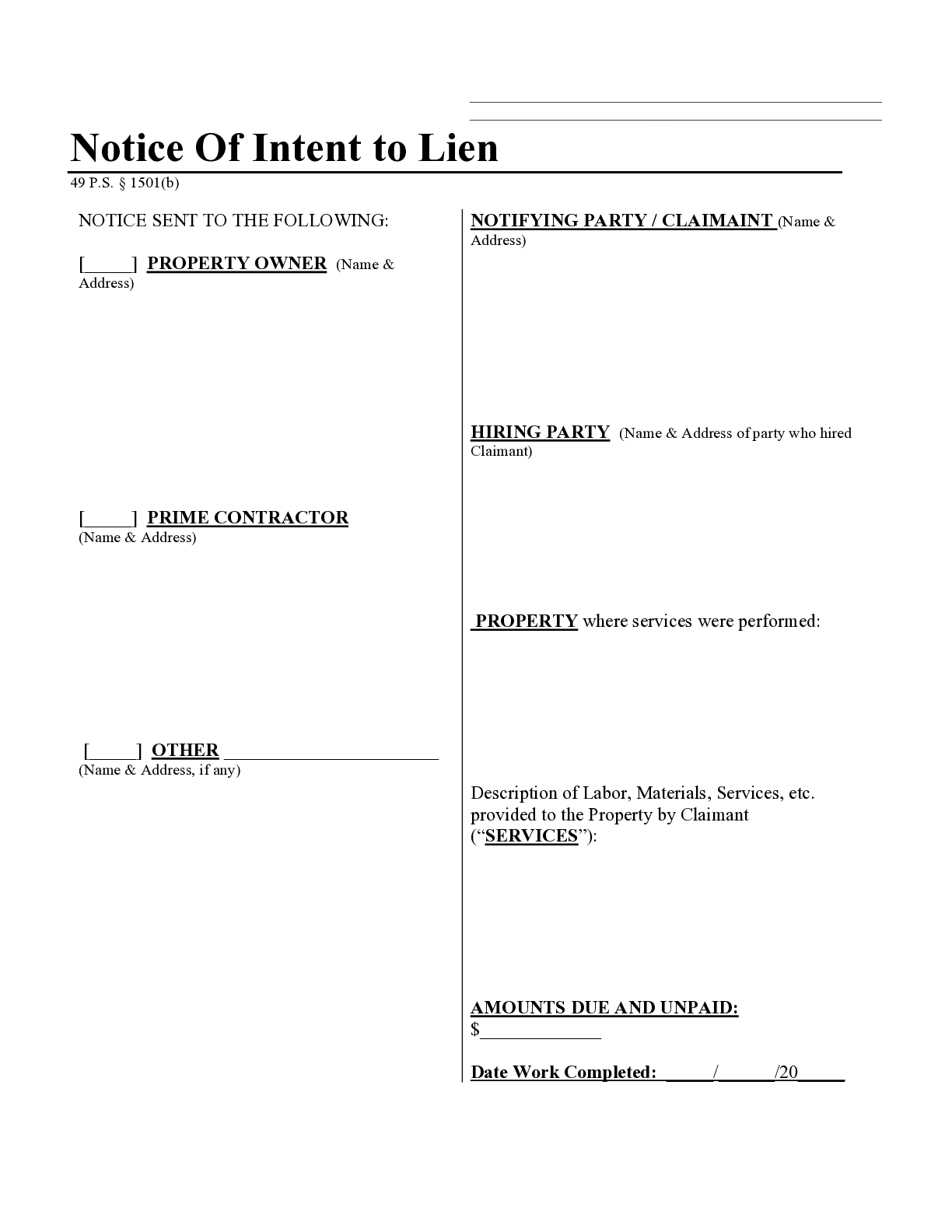Pennsylvania Notice of Intent to Lien Form | Free Downloadable Template