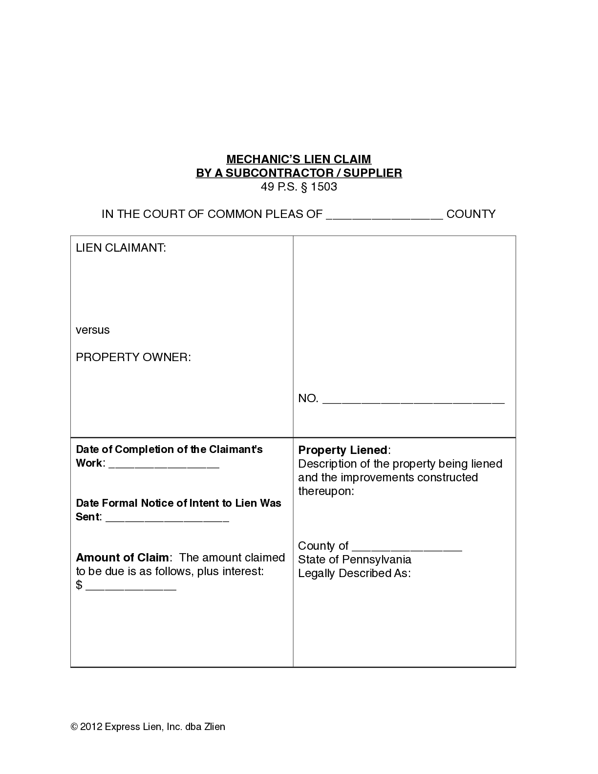 Pennsylvania Subcontractor Mechanics Lien Form - free from