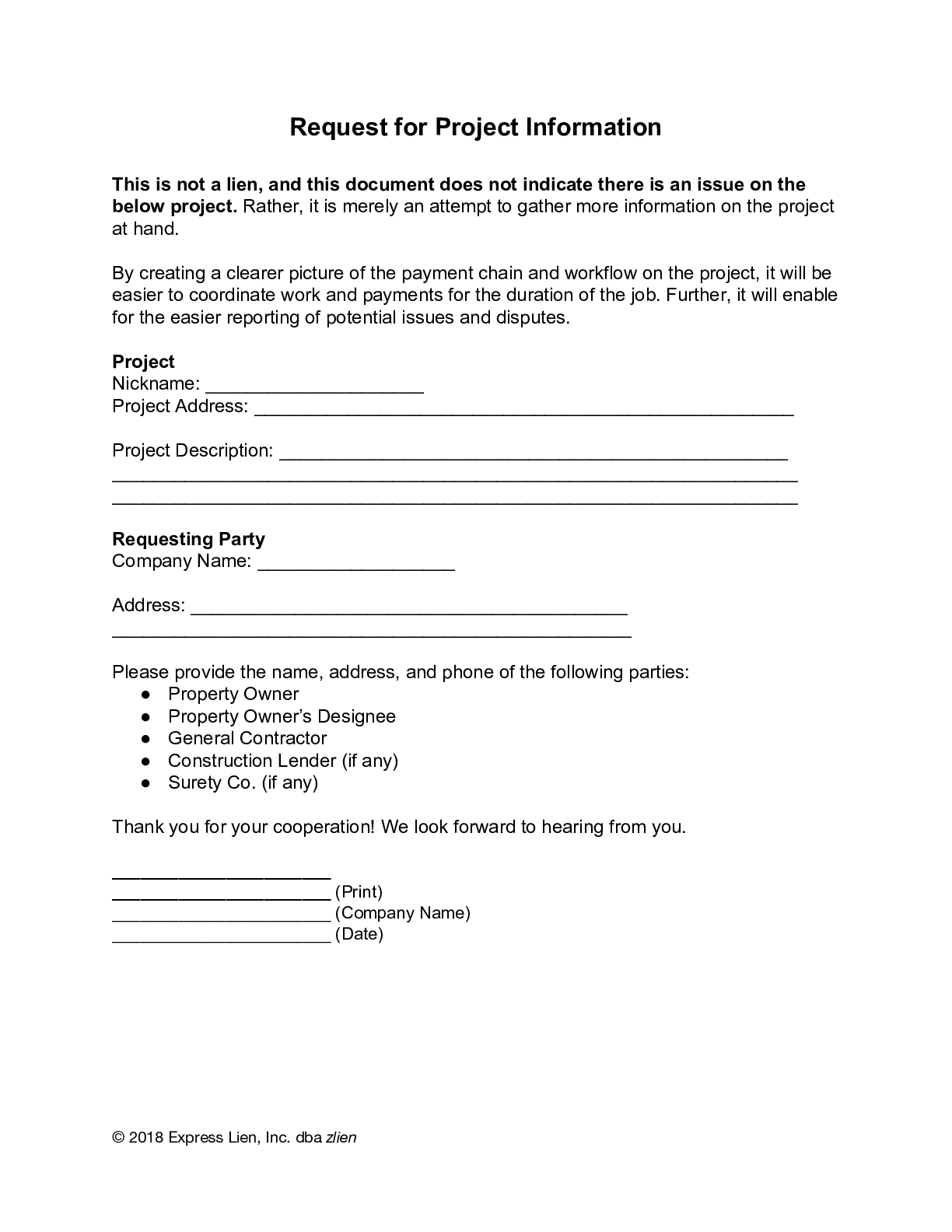 Request for Project Information Form