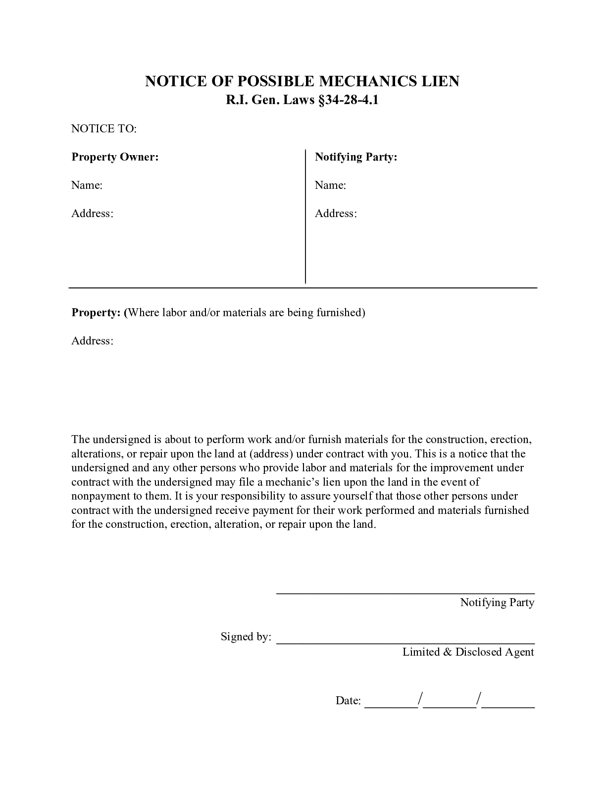 Rhode Island Notice of Possible Mechanics Lien – Form - free from