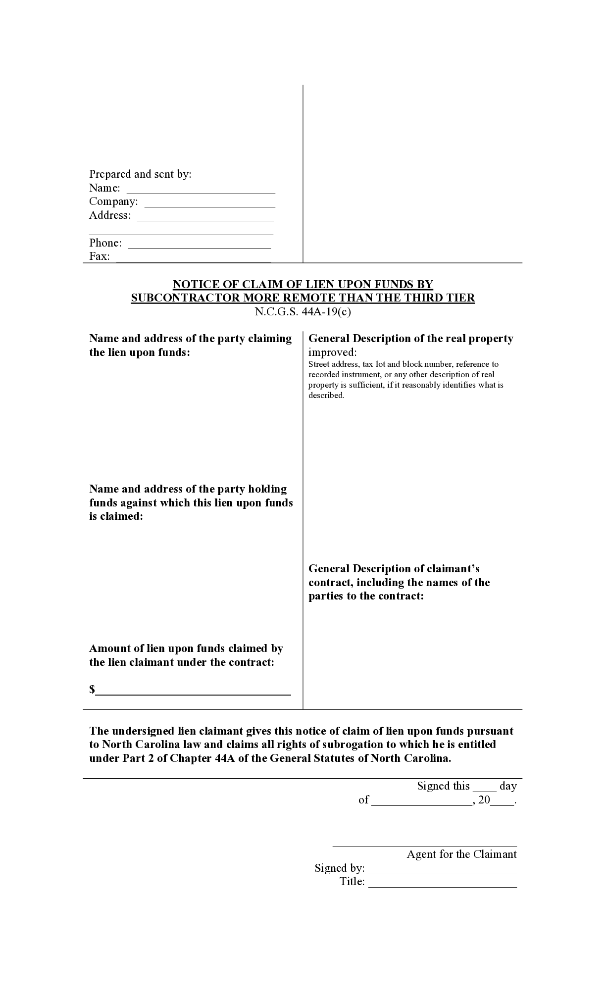 South Carolina 3rd Tier Notice of Lien Upon Funds Form - free from