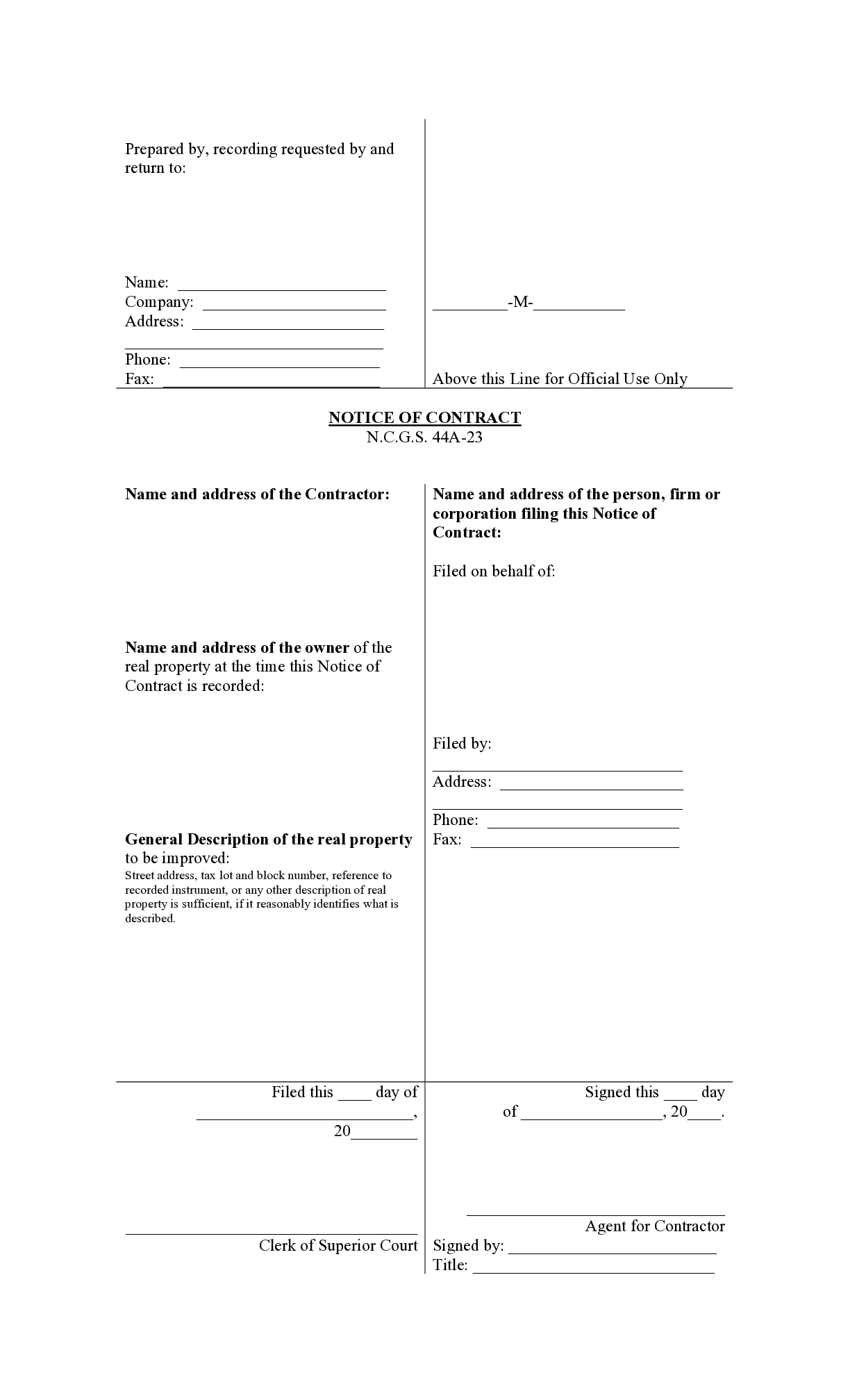 South Carolina Notice of Contract Form - free from