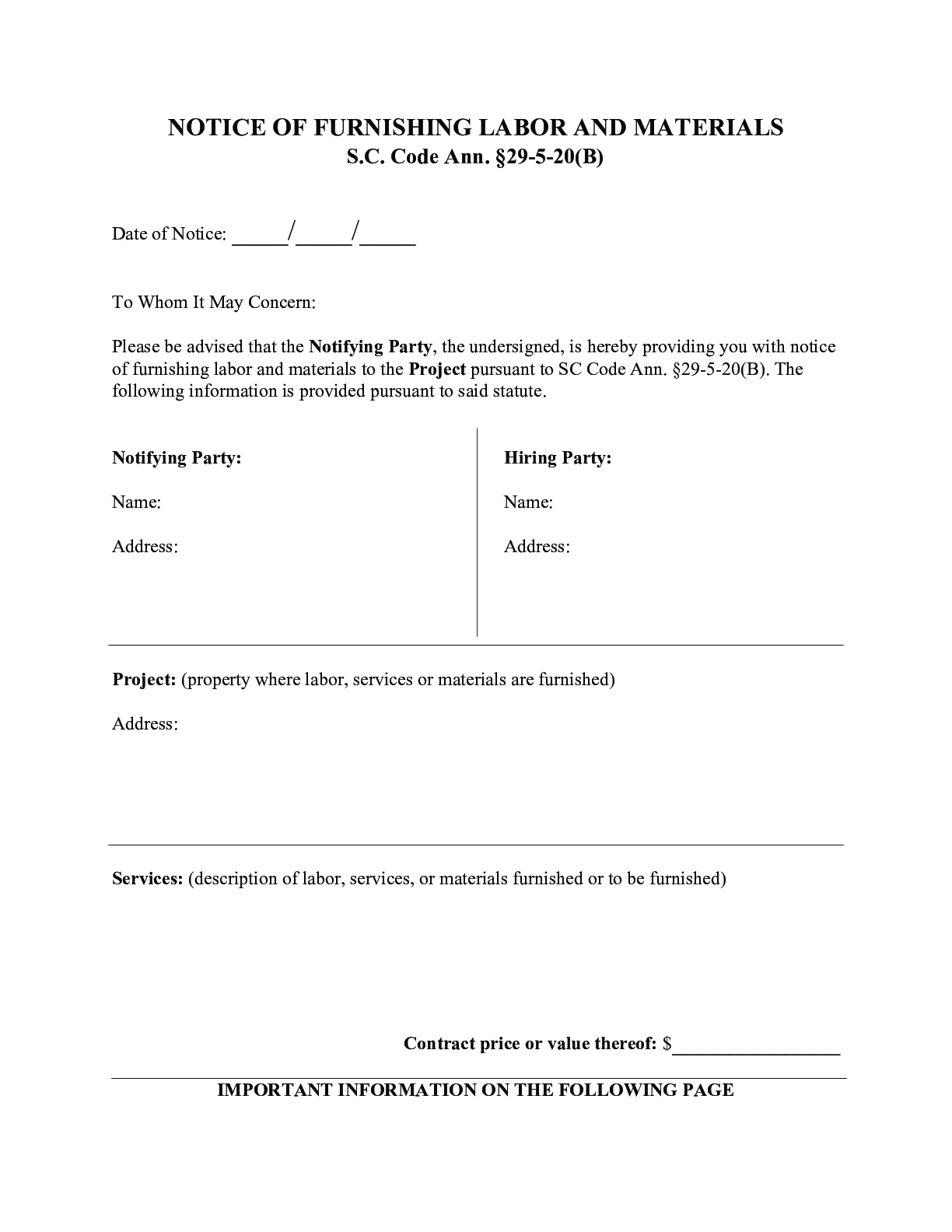 South Carolina Notice of Furnishing Labor and Materials Form - free from